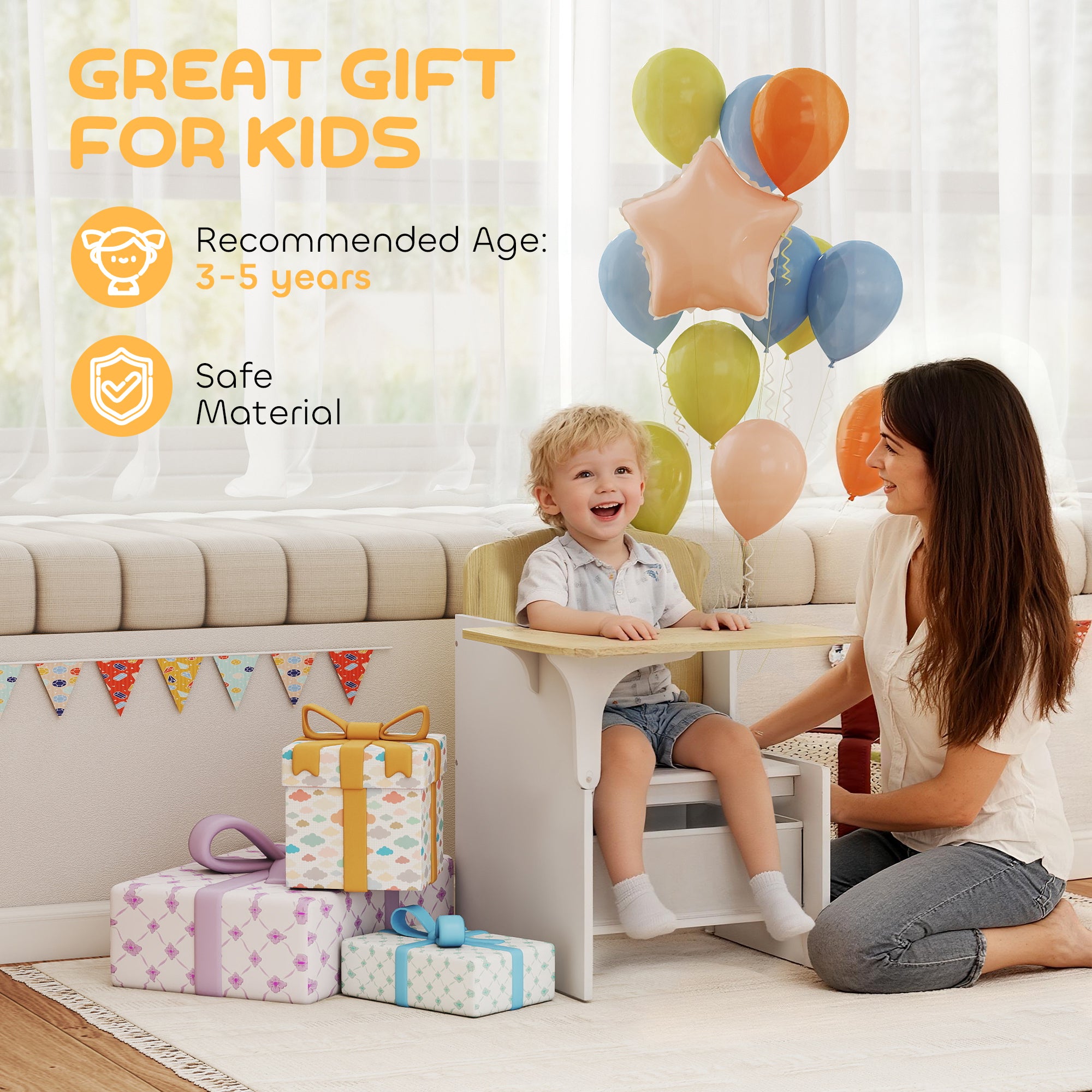 Kids Table and Chair Set, Children Desk and Chair with Storage Bins for Playing, Reading, Painting, for Ages 3-5, White