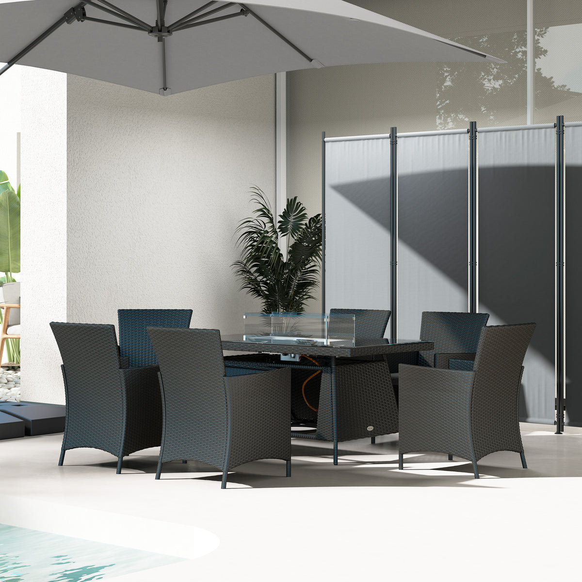 7 Piece Outdoor Rattan Garden Dining Set with 6 Chairs, Fire Pit Table & 50,000 BTU Propane Heater - Black