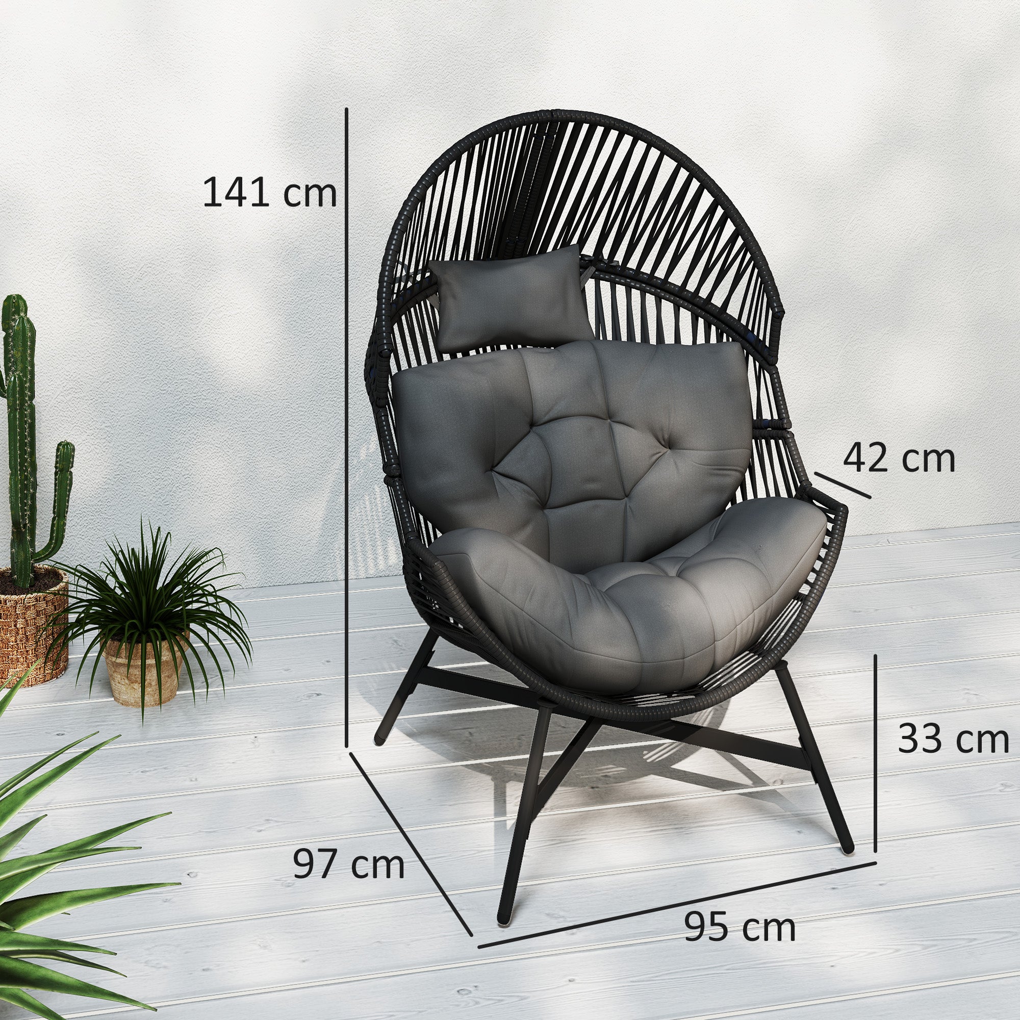 Standing Rattan Egg Chair with Steel Frame and Thick Cushion - Charcoal Grey