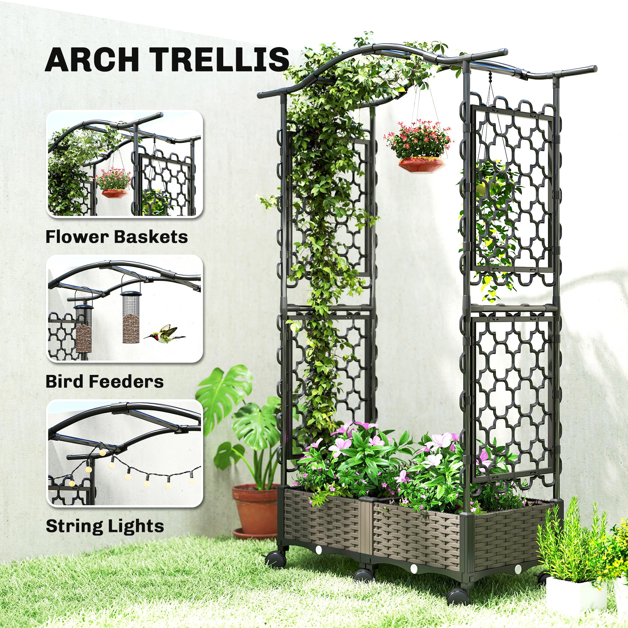 Raised Garden Bed with Arch Trellis, Raised Bed for Garden on Wheels with Side Trellis, Self Watering Planter Box