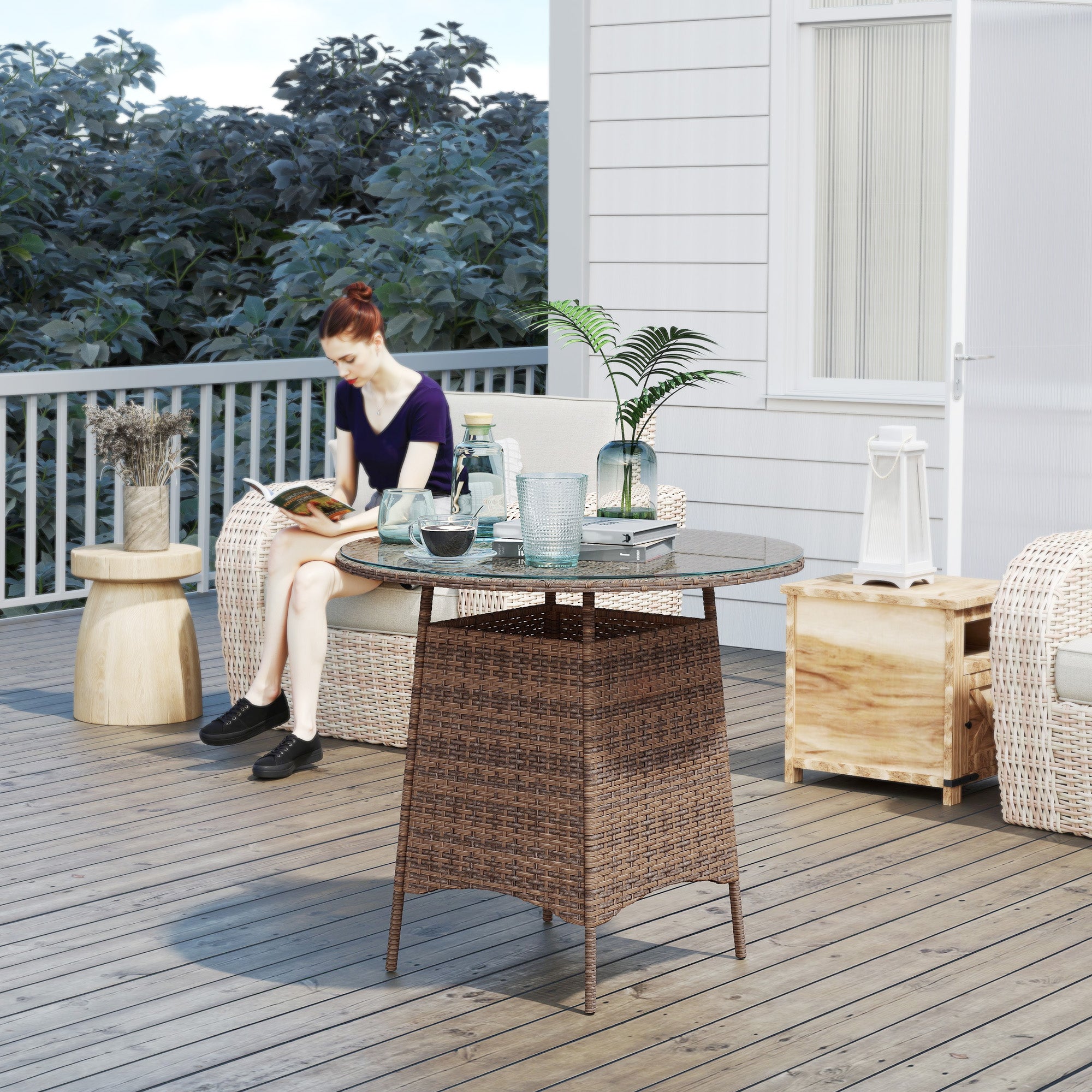 Wicker Rattan Outdoor Coffee Table with Tempered Glass Top - Brown