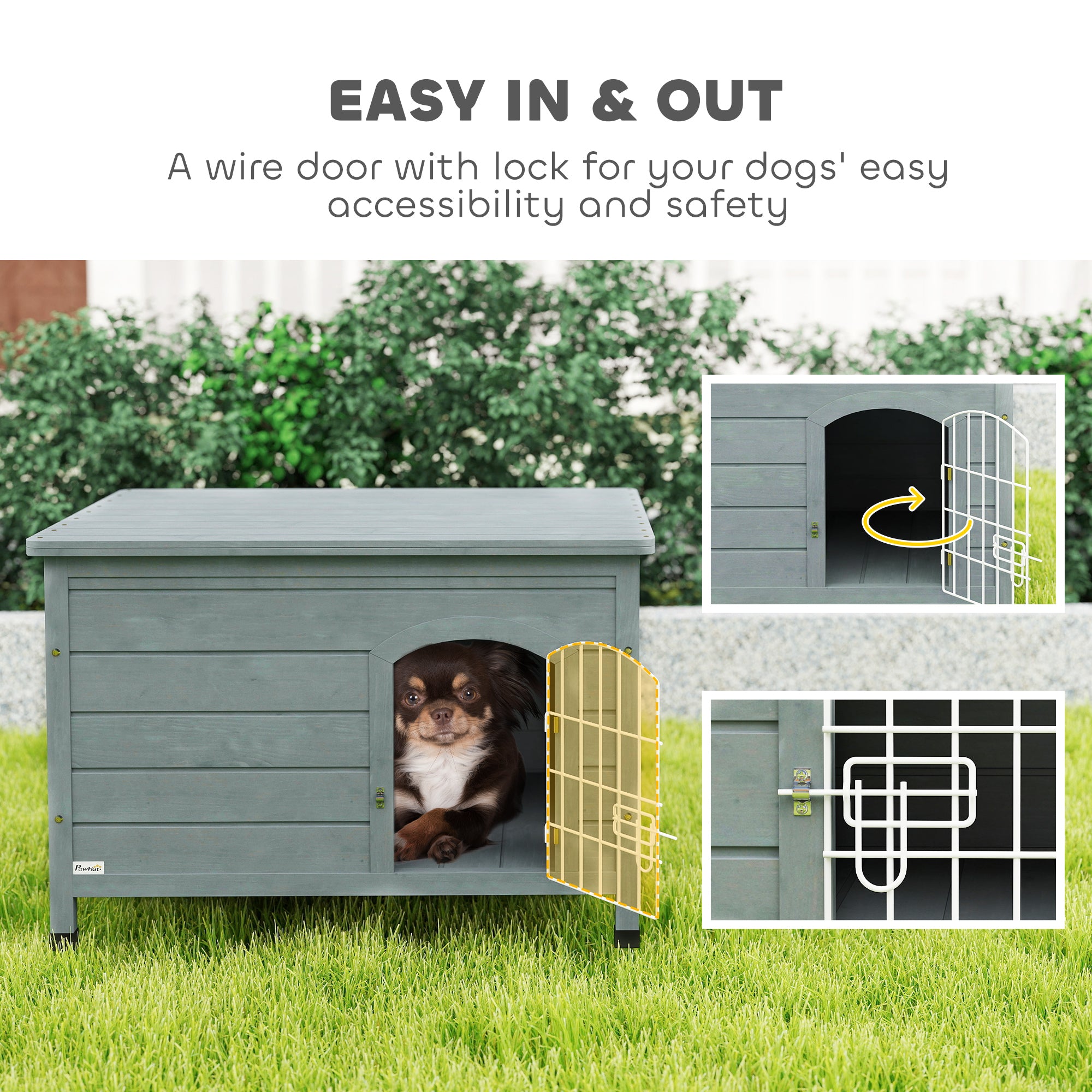 Wooden Dog House with Removable Bottom, Wire Door, Openable Top, Pet Shelter for Small Dog, 80 x 55 x 53.5cm, Dark Grey