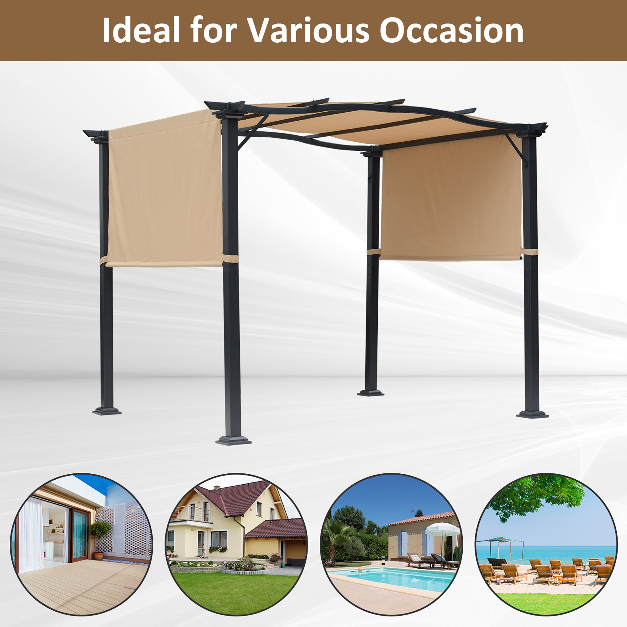 Outdoor Retractable Pergola Garden Gazebo with Two Adjustable Side Canopy Overhead Sun Shade Backyard Canopy Cover, Steel Khaki 2.96x2.45x2.3m