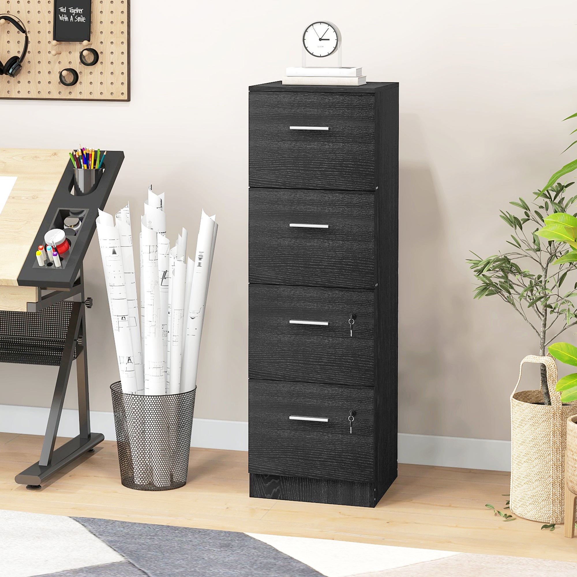 Four-Drawer Lockable Filing Cabinet - Black Wood Effect