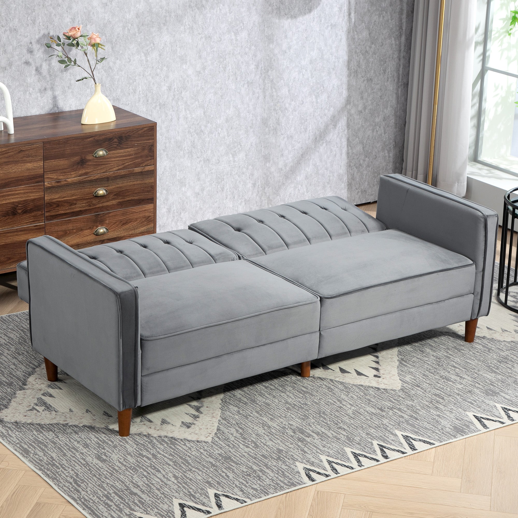 Velvet-Feel Three-Seater Sofa Bed with Adjustable Backs - Dark Grey