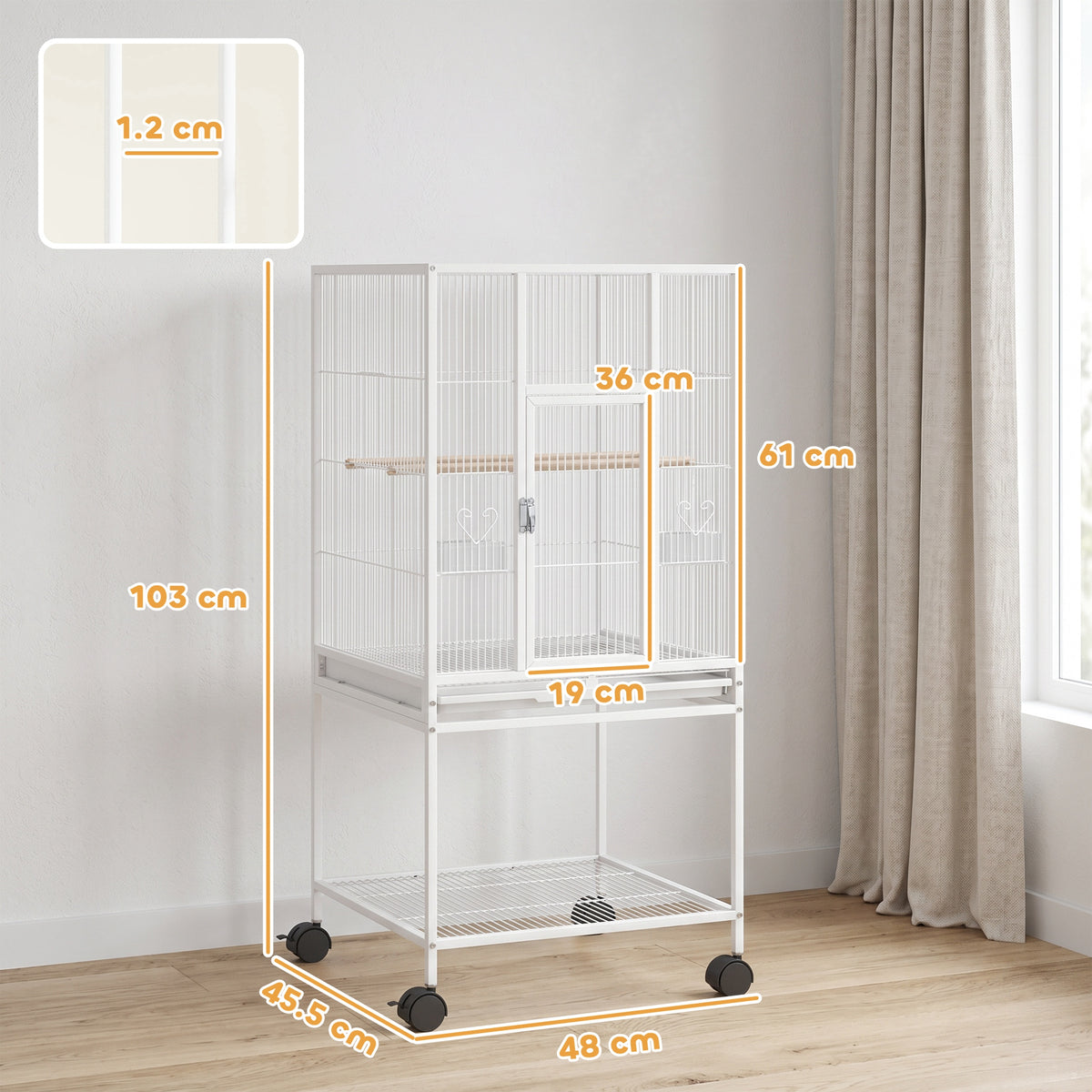 Bird Cage Detachable with Rolling Stand Parrot Cage with Storage Shelf White