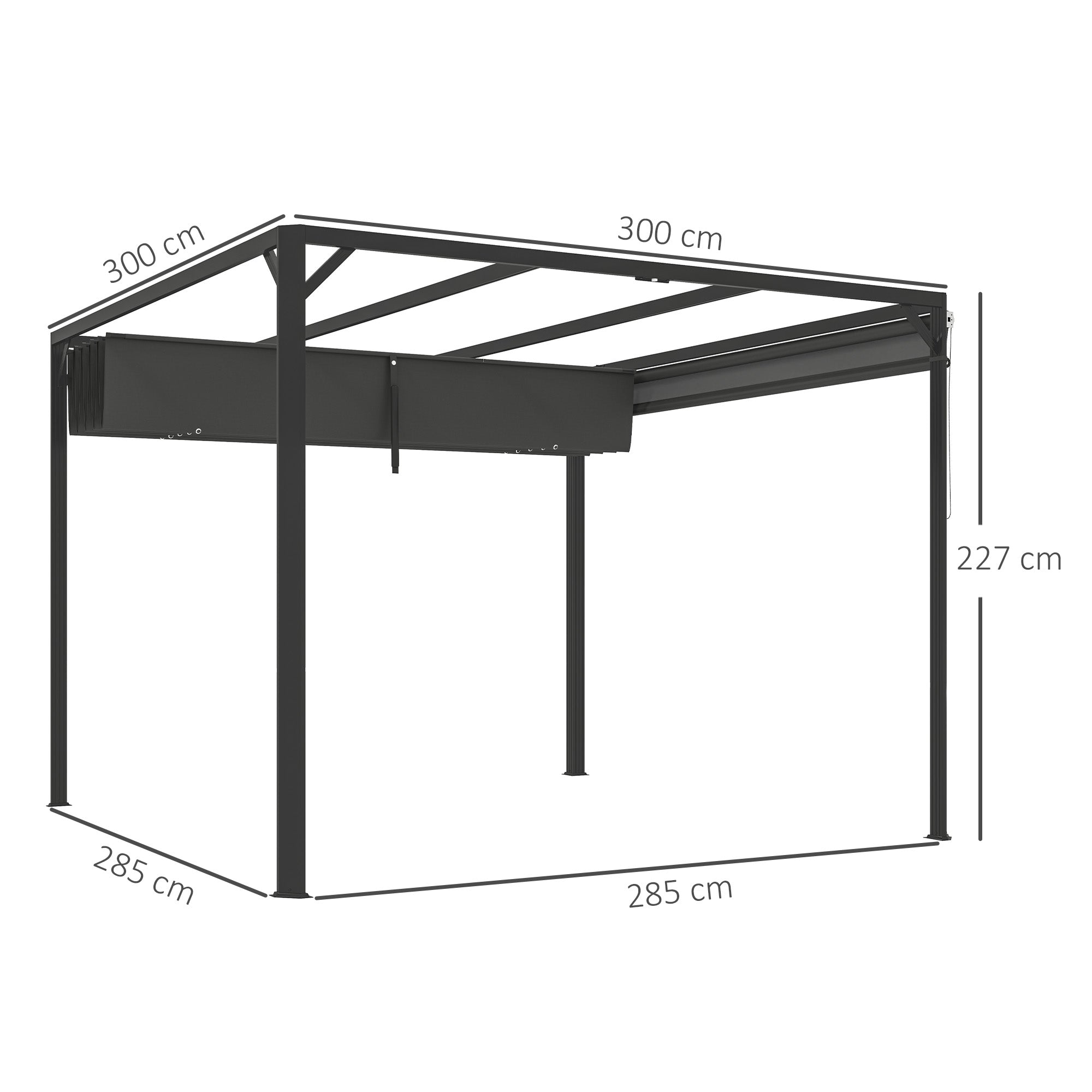 3 x 3m Aluminium Pergola, with Retractable Roof and Wall - Dark Grey