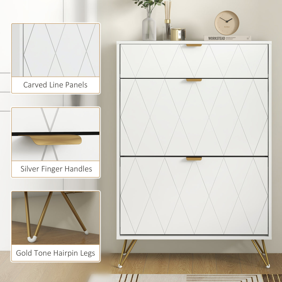 Two Flip Drawer Narrow Shoe Cabinet with Storage for 12 Pairs - White
