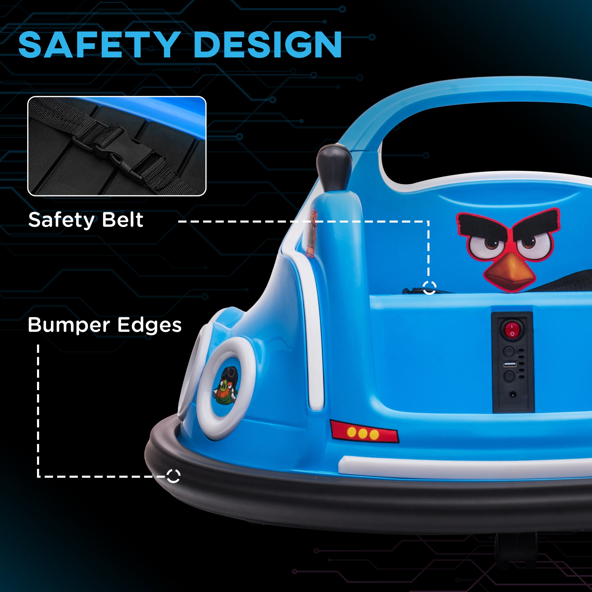 Angry Bird Licensed 12V Kids Bumper Waltzer Car with Remote, Joysticks, Music & LED Lights - Blue