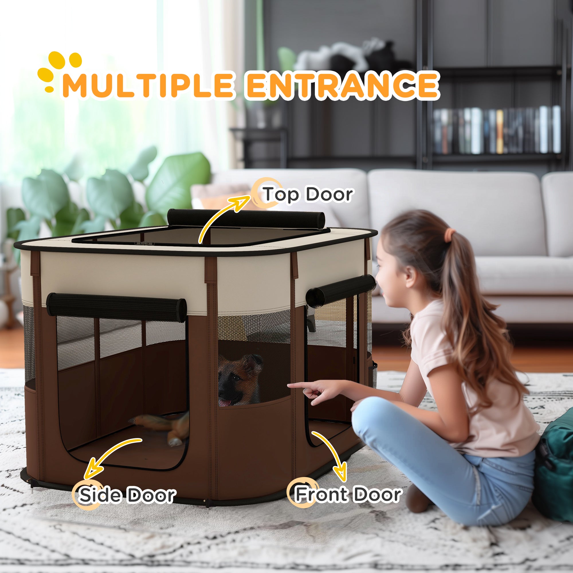 Foldable Dog Pen with Storage Bag for Indoor/Outdoor Use, Portable Pet playpen, with Ground Stakes - Brown