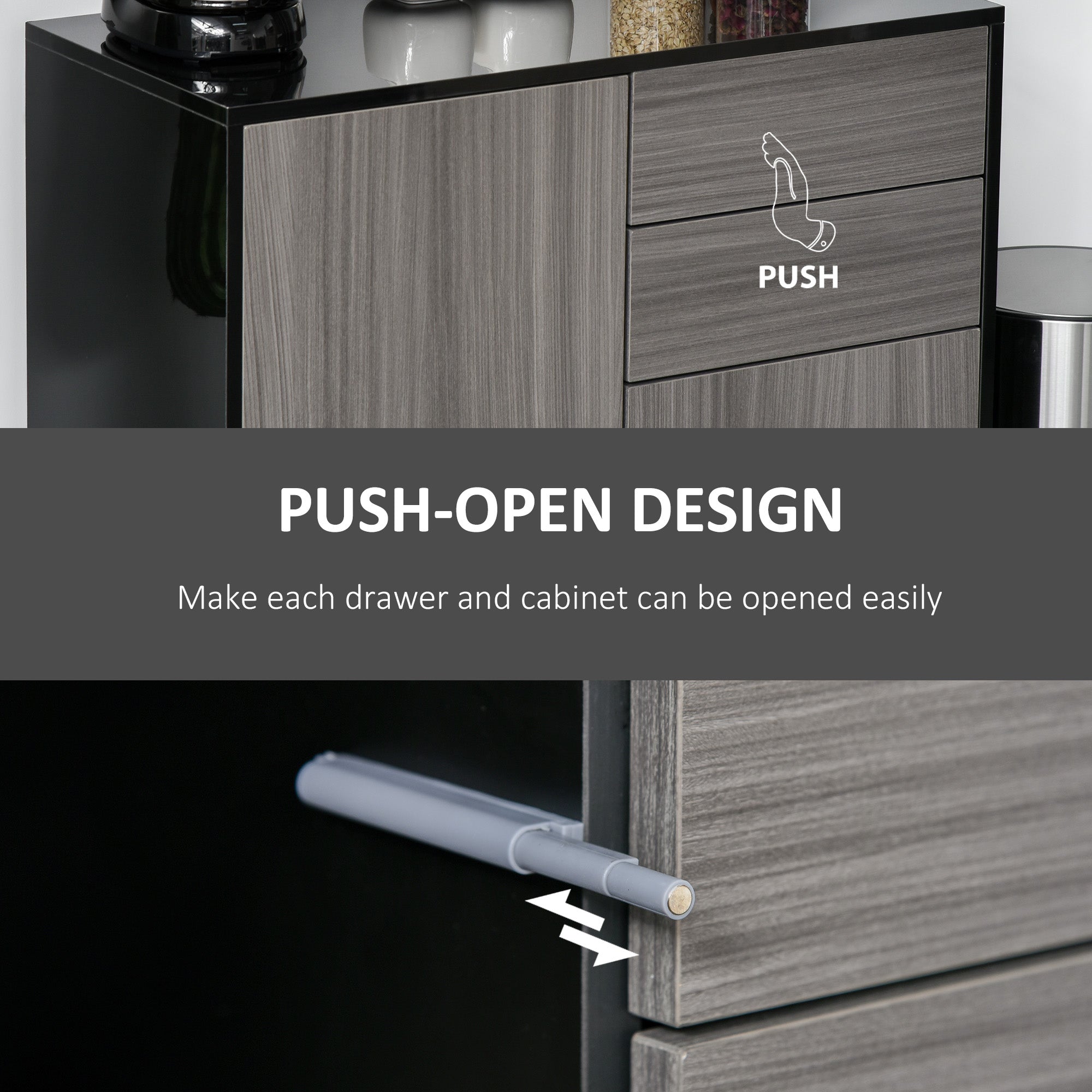 High Gloss Frame Sideboard, Side Cabinet, Push-Open Design with 2 Drawer for Living Room, Bedroom, Light Grey and Black