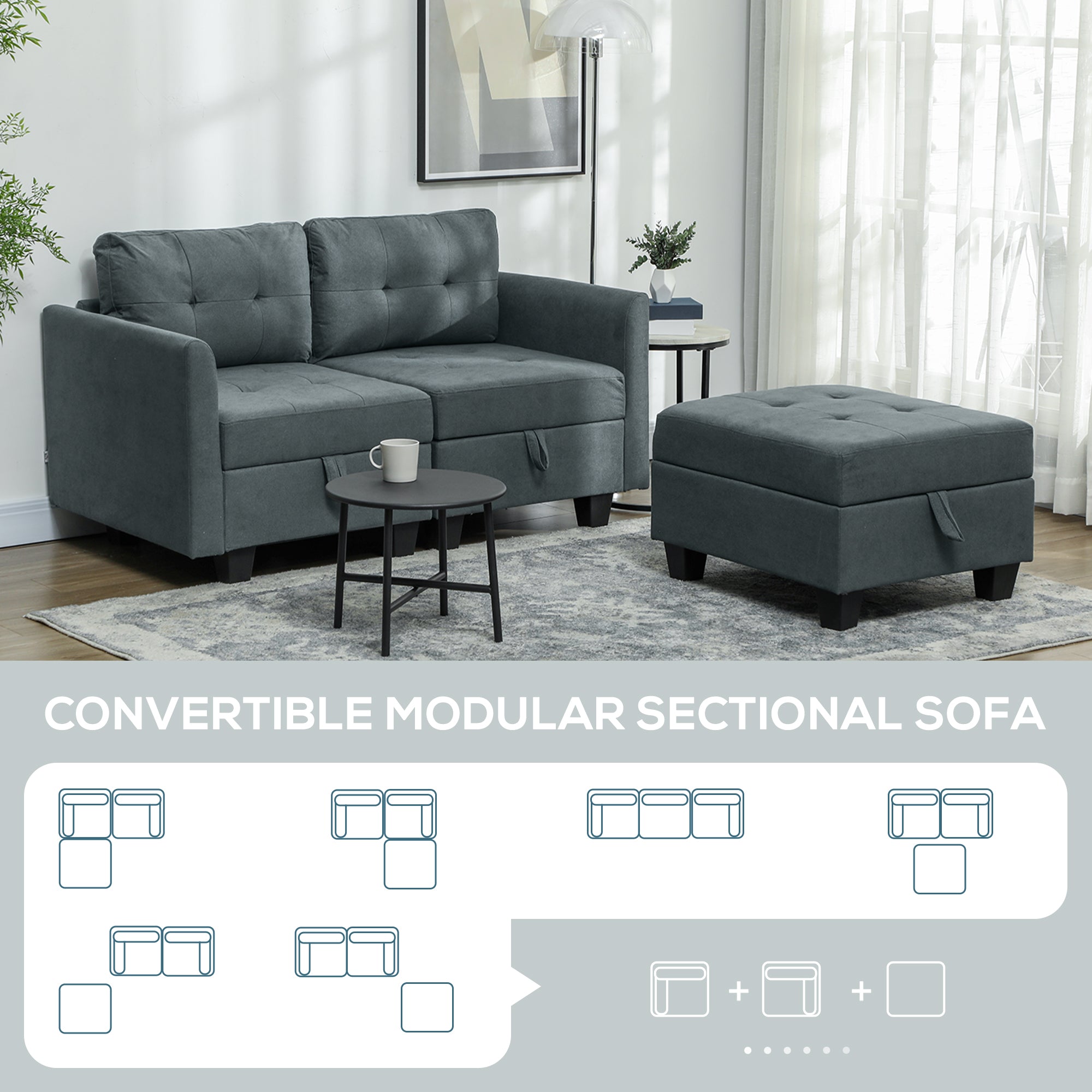 'L' Shape Modular Storage Sofa - Dark Grey