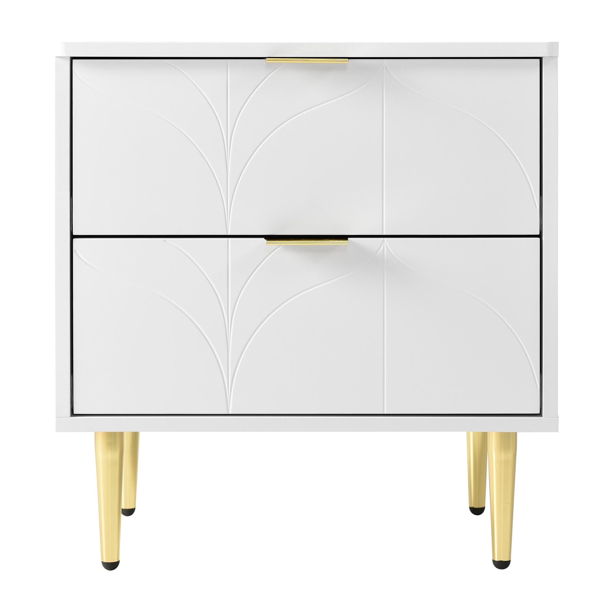 Set of 2 Modern Bedside Tables with 2 Drawers, Floral Pattern and Gold-Plated Accents, Anti-Bump Design, 50L x 40W x 54H cm, White
