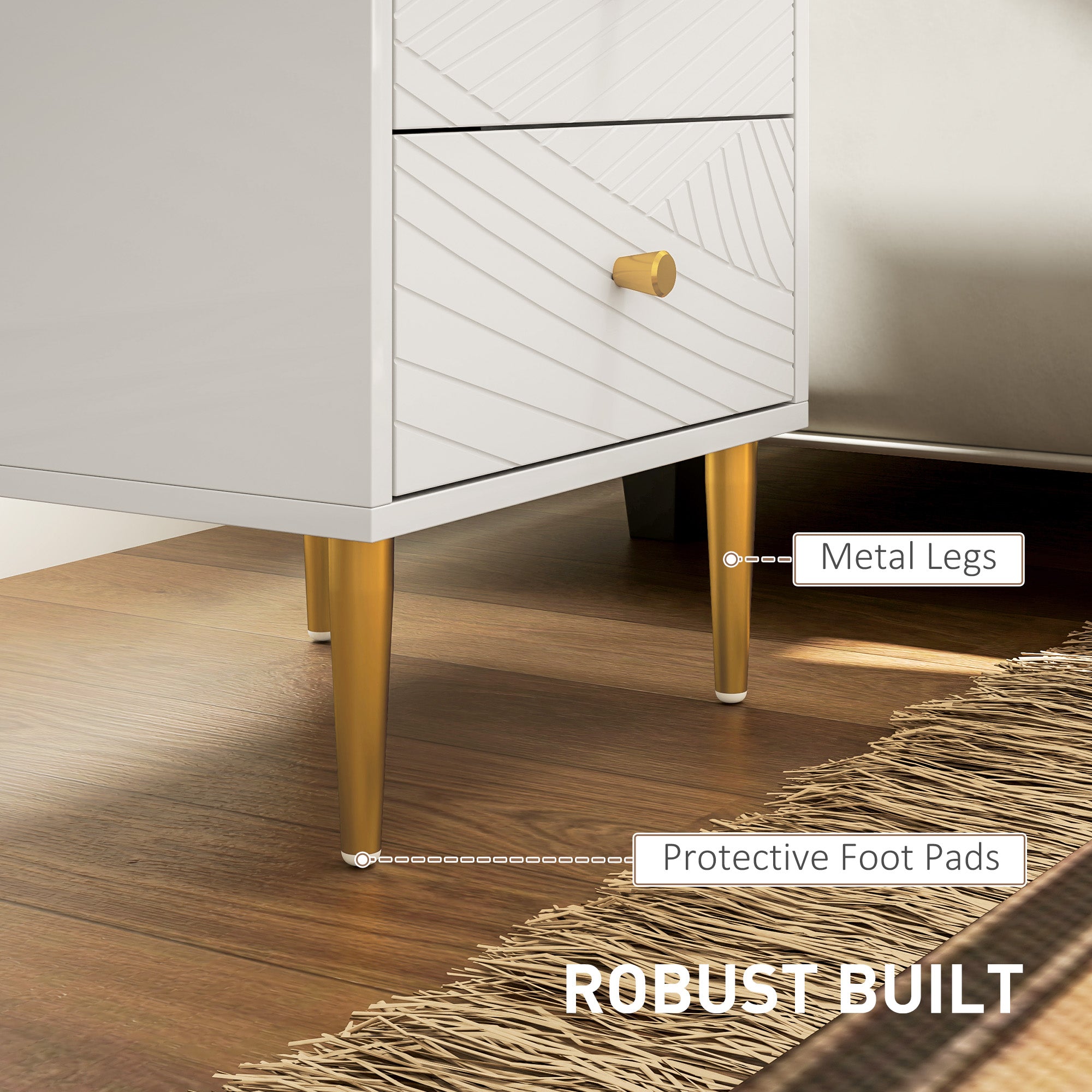 Two-Drawer Bedside Table with Gold-Tone Handles and Legs - White