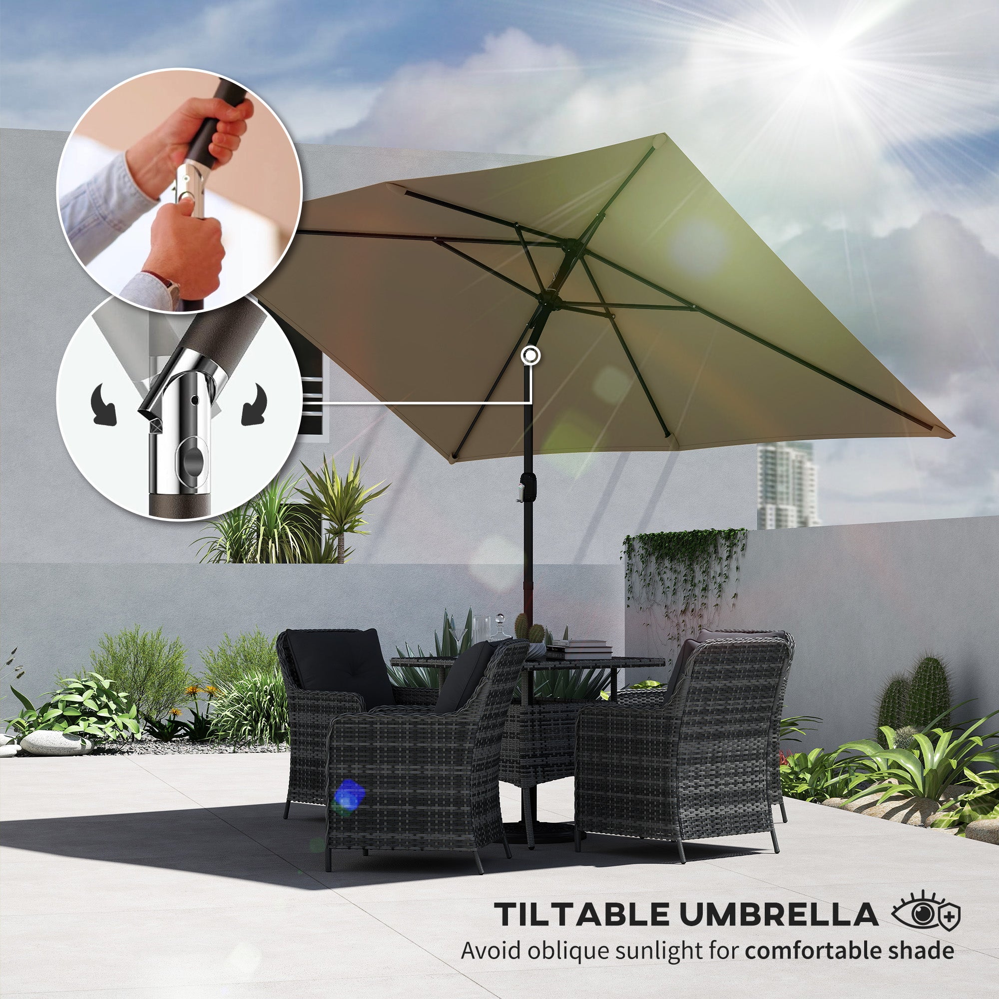 Garden Parasol, Parasol Umbrella with Crank Handle, Tilt Function, Polyester Canopy, Khaki