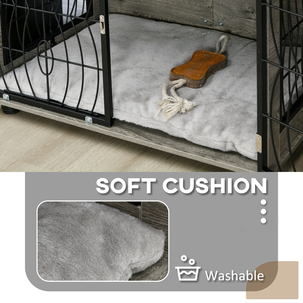 Indoor Medium Dog Crate End Table with Lockable Door and Washable Cushion - Grey Wood Effect