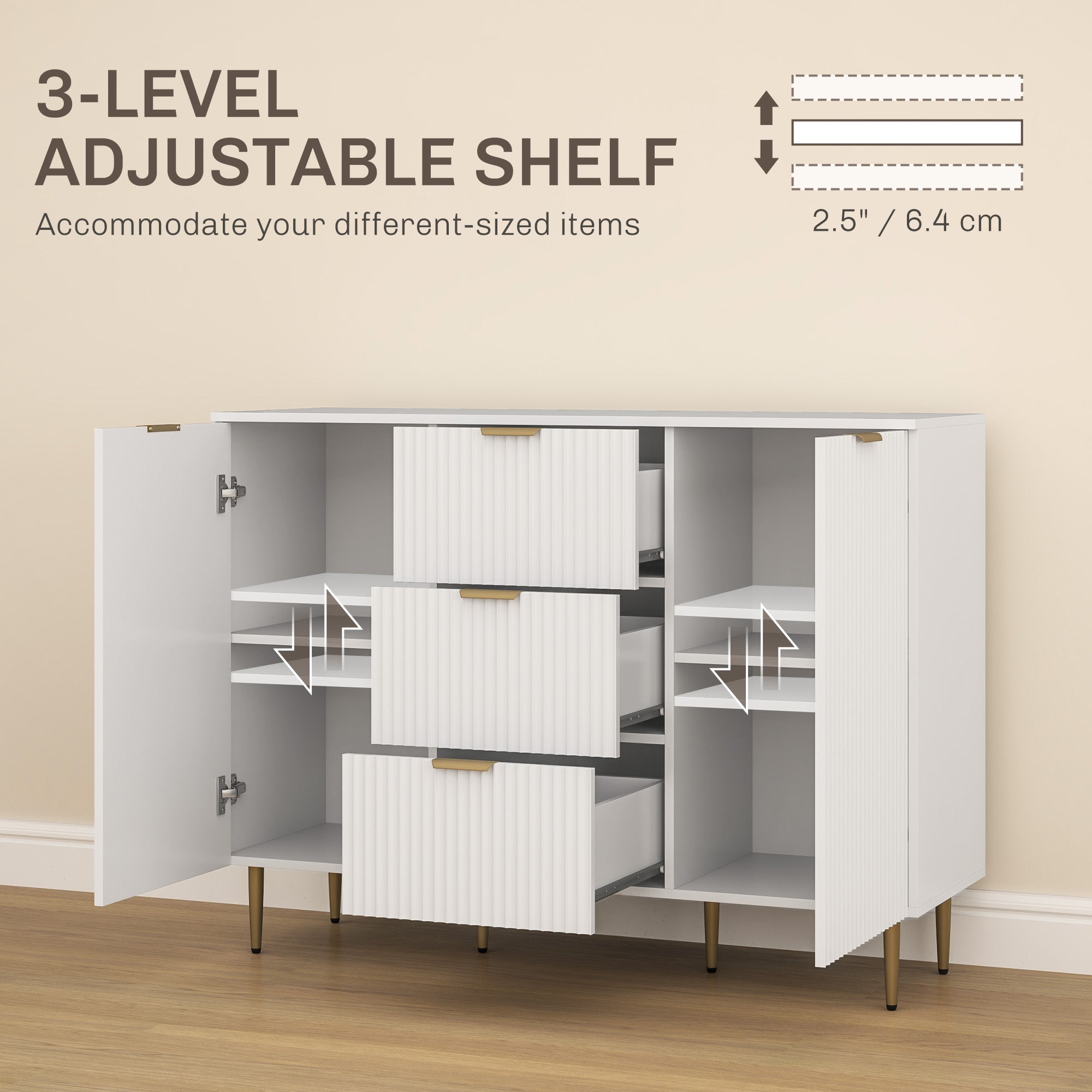 Sideboard Buffet Cabinet, Modern Kitchen Storage Cabinet with 3 Drawers and Adjustable Shelves, Living Room Cabinet with Metal Legs for Hallway, White