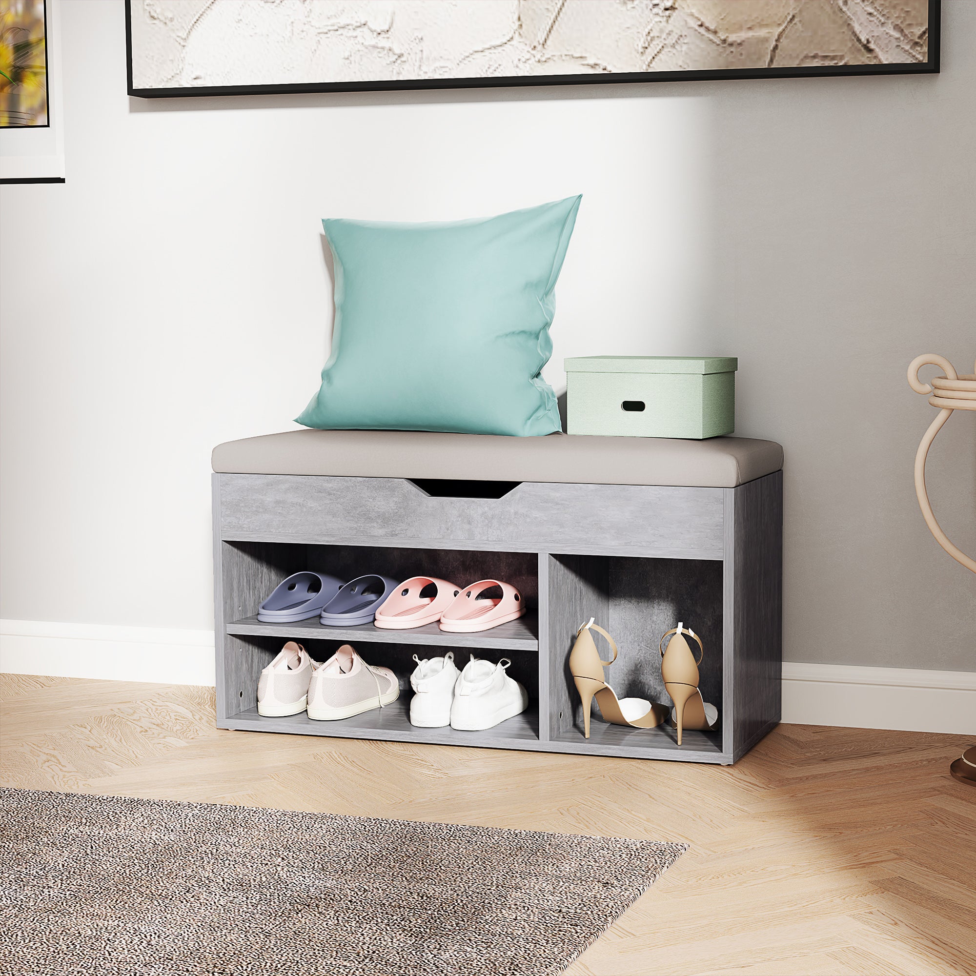 Shoes Cabinet Bench Hidden Storage Padded Seat Organiser Footwear Rack Hallway Grey Wood Grain