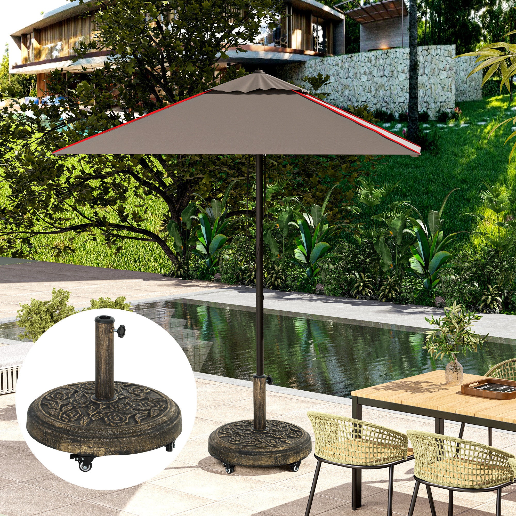 Parasol Base, Umbrella Base with Wheels Cast Iron Effect, for Umbrella, Canopy, Weather Resistant, Bronze Tone
