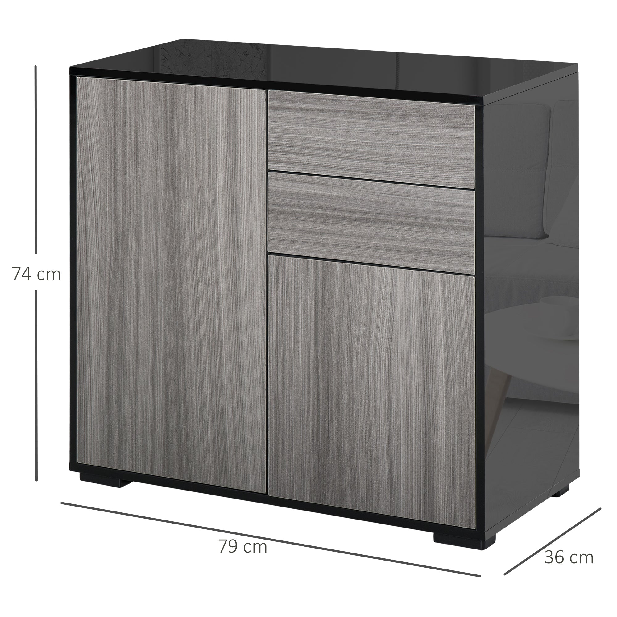 High Gloss Frame Sideboard, Side Cabinet, Push-Open Design with 2 Drawer for Living Room, Bedroom, Light Grey and Black