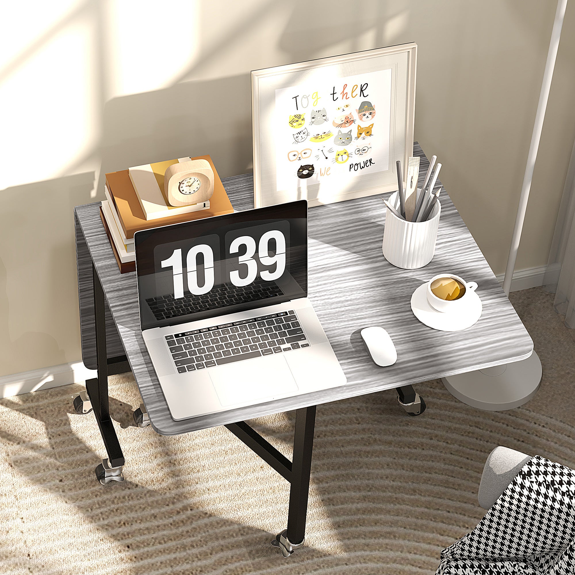Six-Seater Drop-Leaf Dining Table with Wheels - Grey Wood-Effect
