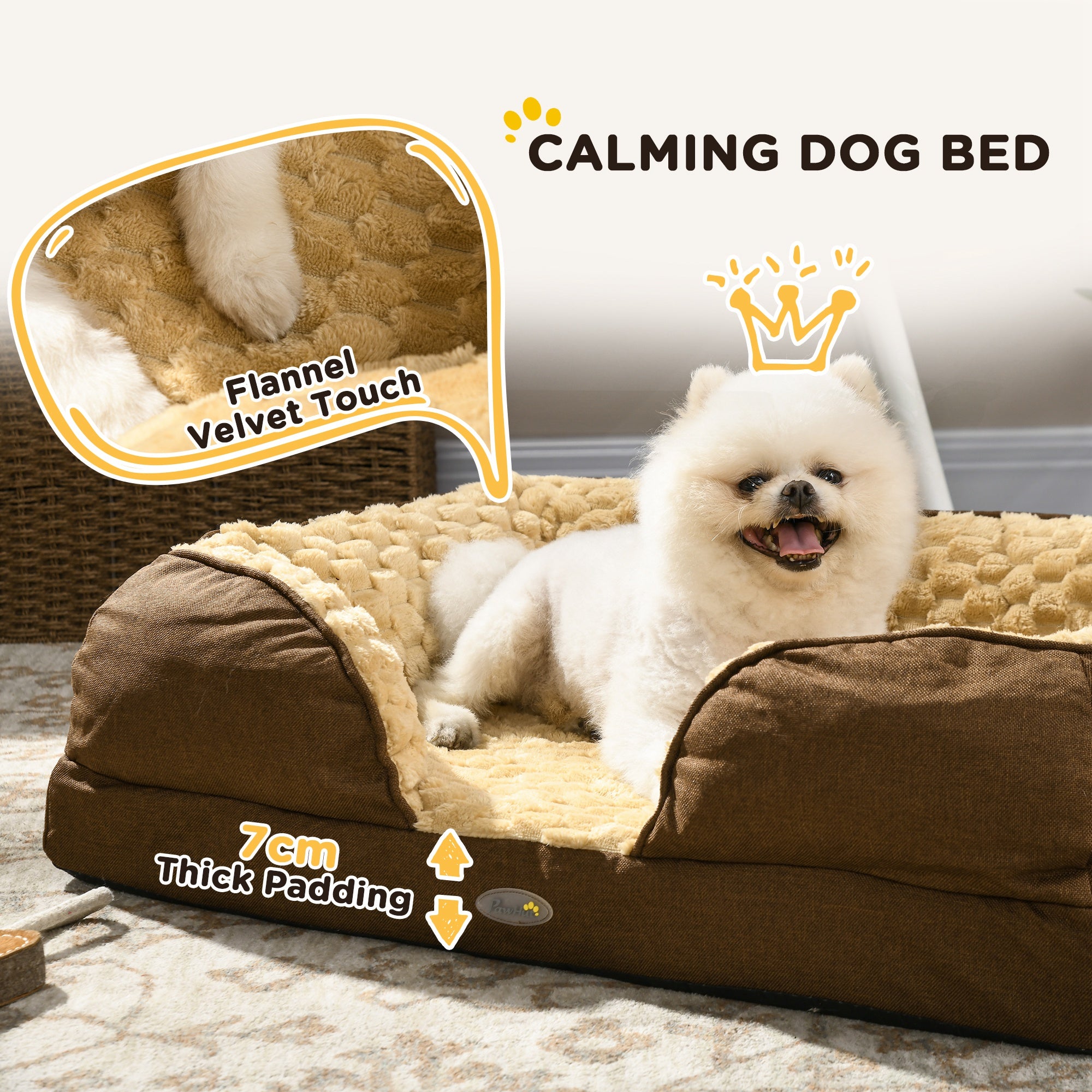 Calming Dog Bed Pet Mattress w/ Removable Cover, Anti-Slip Bottom, for Small Dogs, 70L x 50W x 18Hcm - Brown