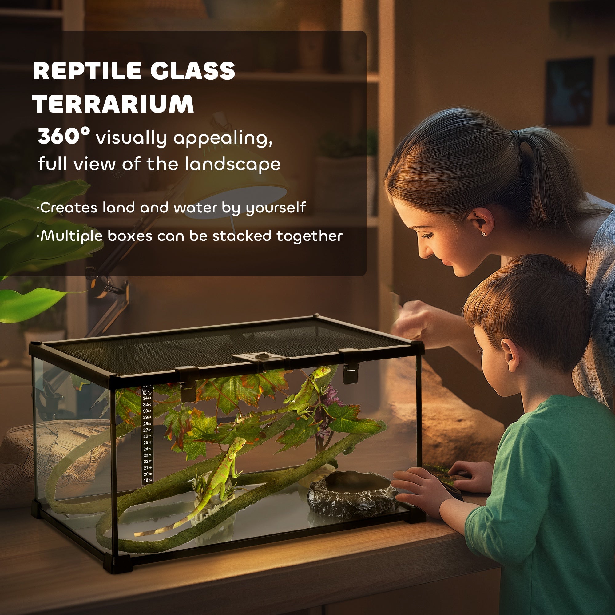 Glass Reptile Terrarium with Decor Kit, Breeding Tank with Thermometer for Small Animals, 50 x 30 x 25cm, Heated - Black