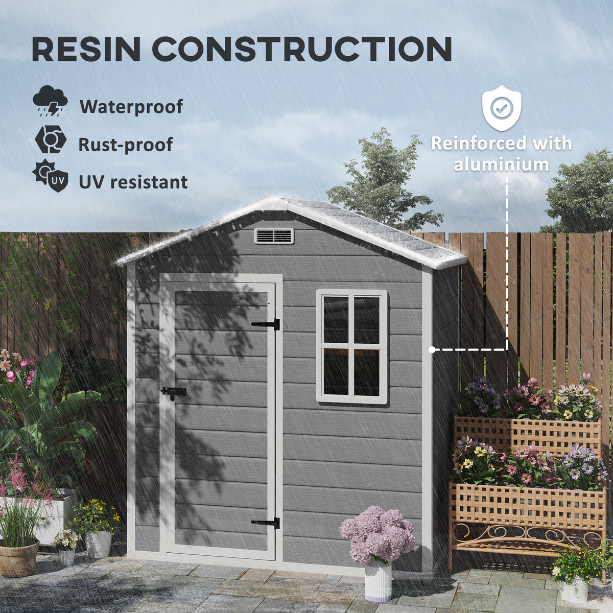6 x 4ft Plastic Garden Shed with Floor and Lockable Door - Grey Wood Effect