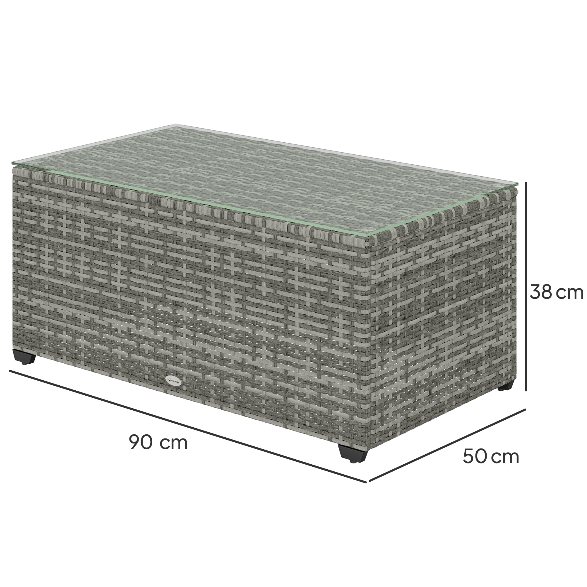 90 x 50cm Rattan Side Table with Glass Top - Light Grey