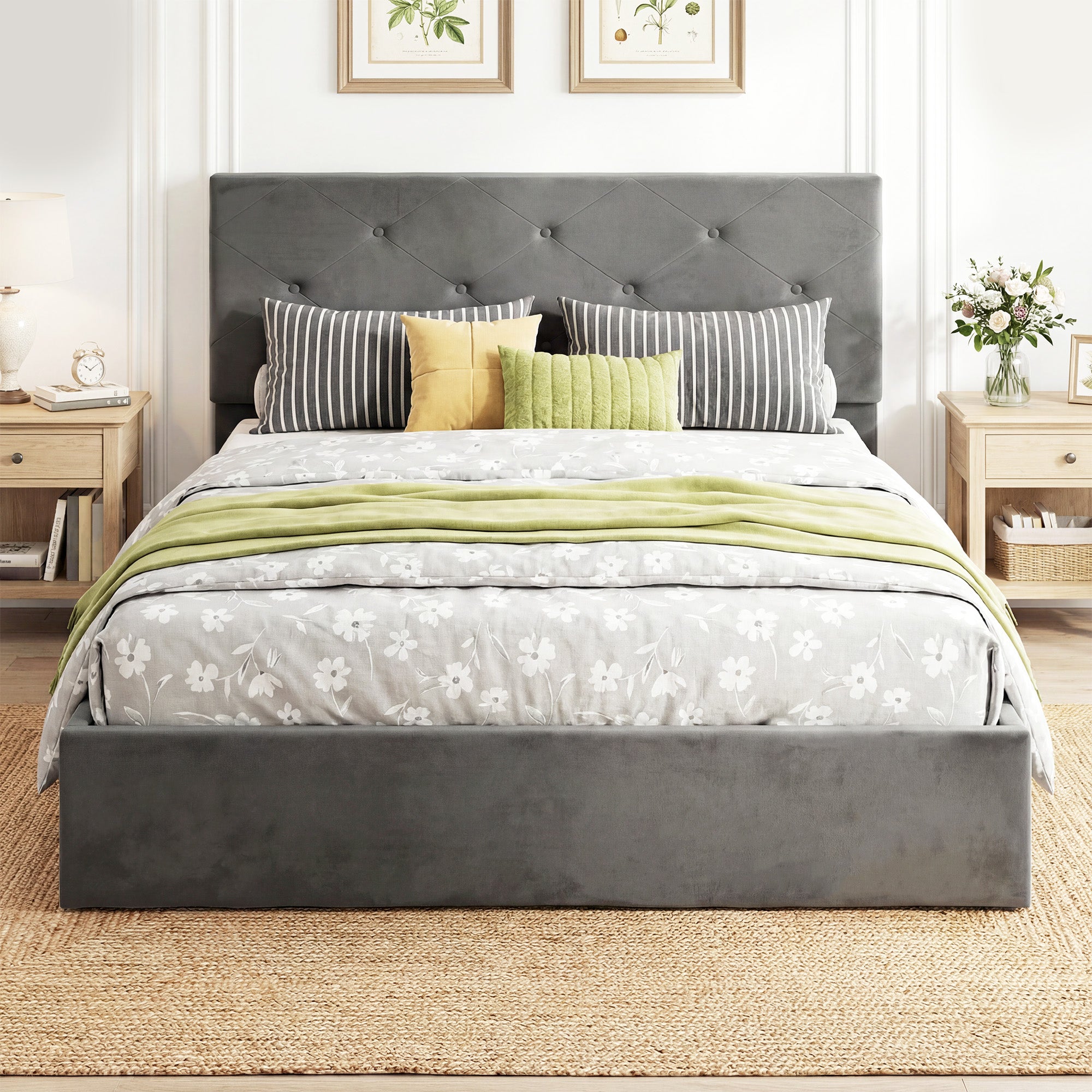Double Bed Frame Gas End Lift Under Bed Storage Upholstered Platform Bed Tufted Headboard for 140 x 190 cm Mattress