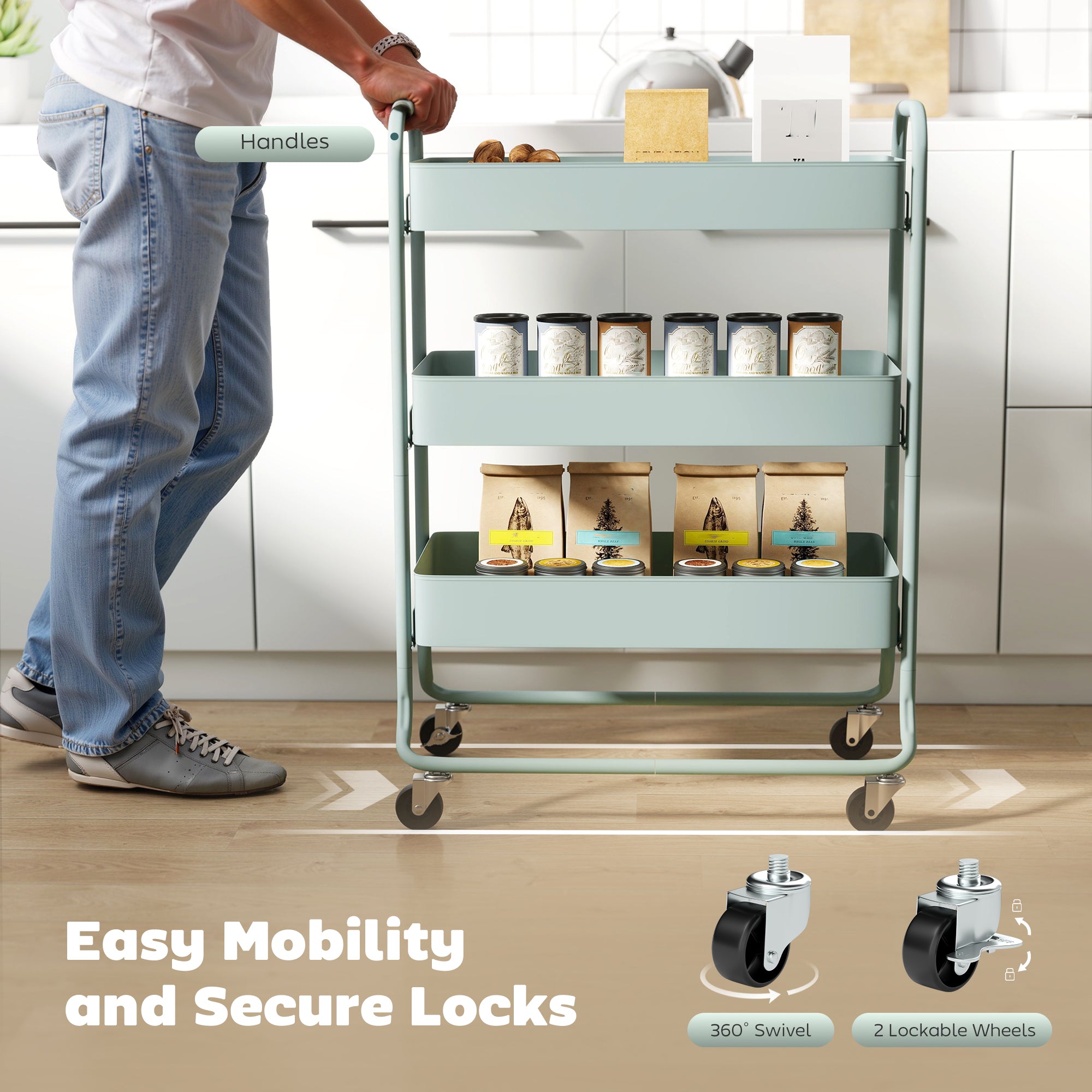 3-Tier Storage Trolley on Wheels, Rolling Utility Cart with Mesh Backets for Kitchen, Bathroom, Bedroom, Light Green