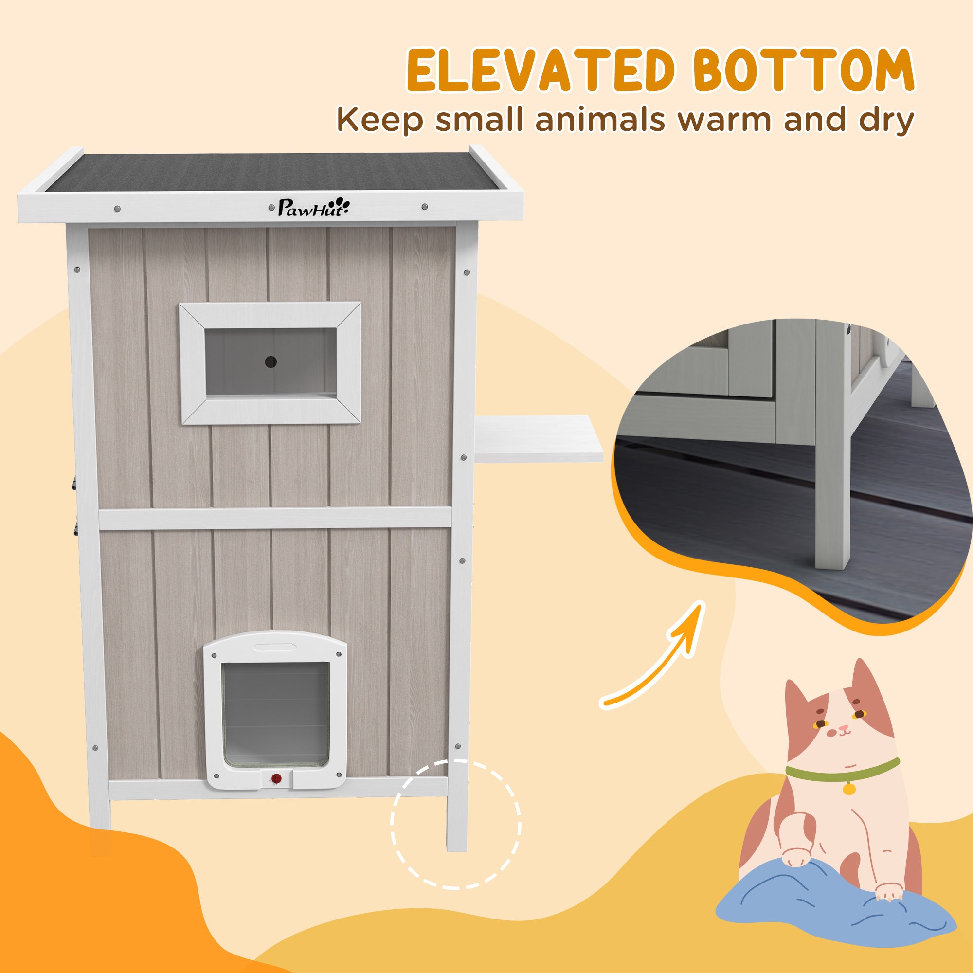 Outdoor 2 Tiers Wooden Cat Shelter w/ Removable Bottom, Escape Doors, Asphalt Roof, for 1-2 Cats - Light Grey