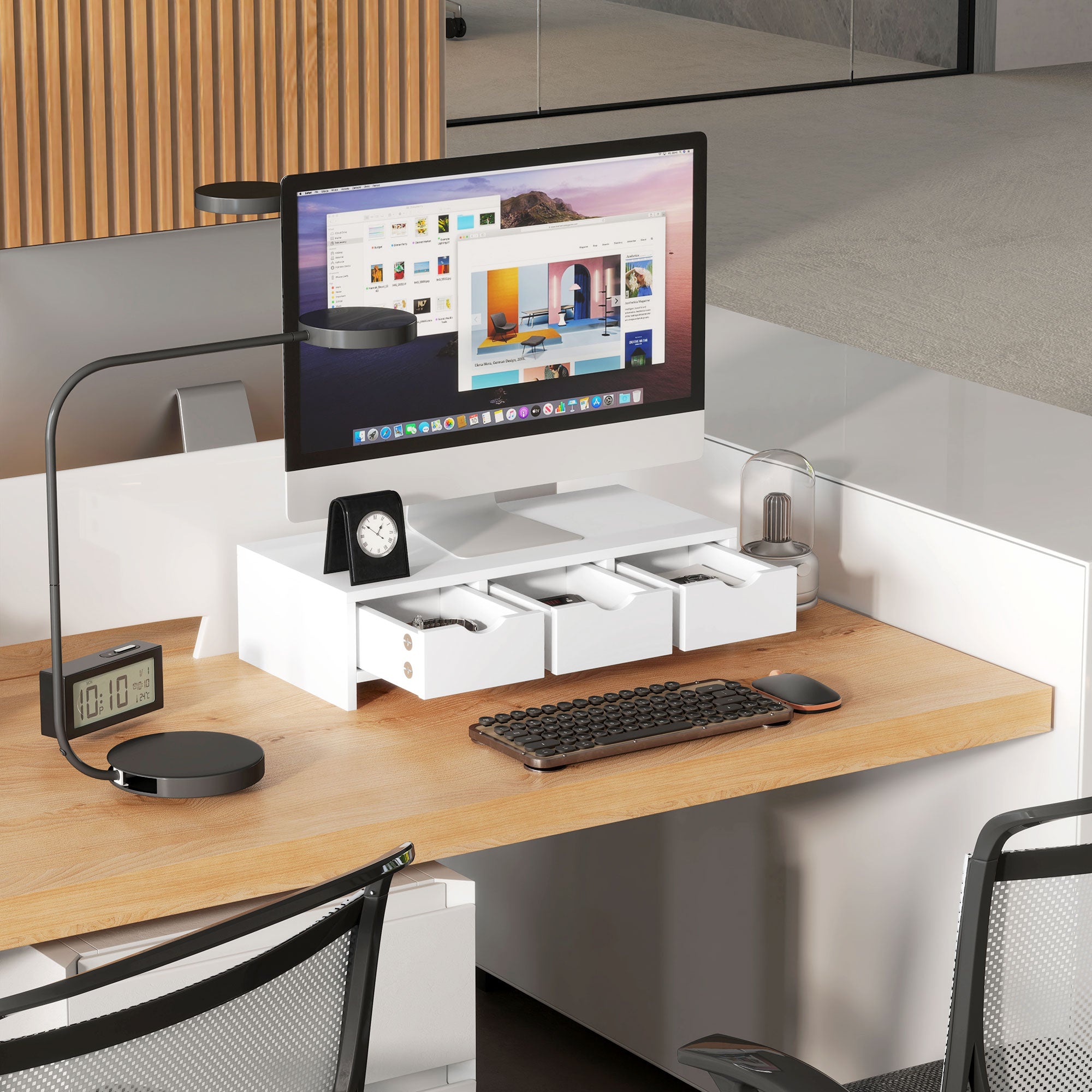 Monitor Stand Riser with 3 Drawers for Laptop, PC, Small Printer 51x24x13cm - White