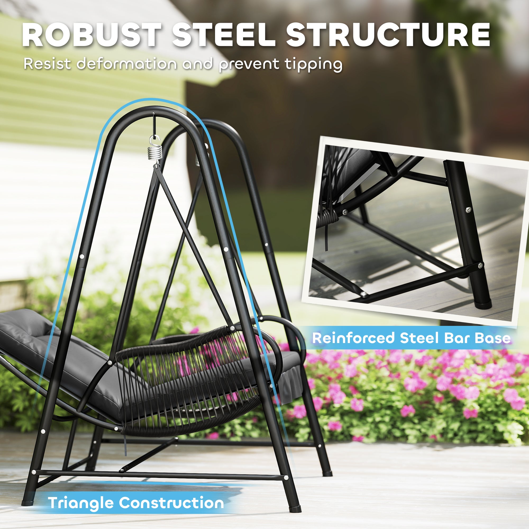 Rattan Swing Chair with Stand and Cushion Set - Dark Grey