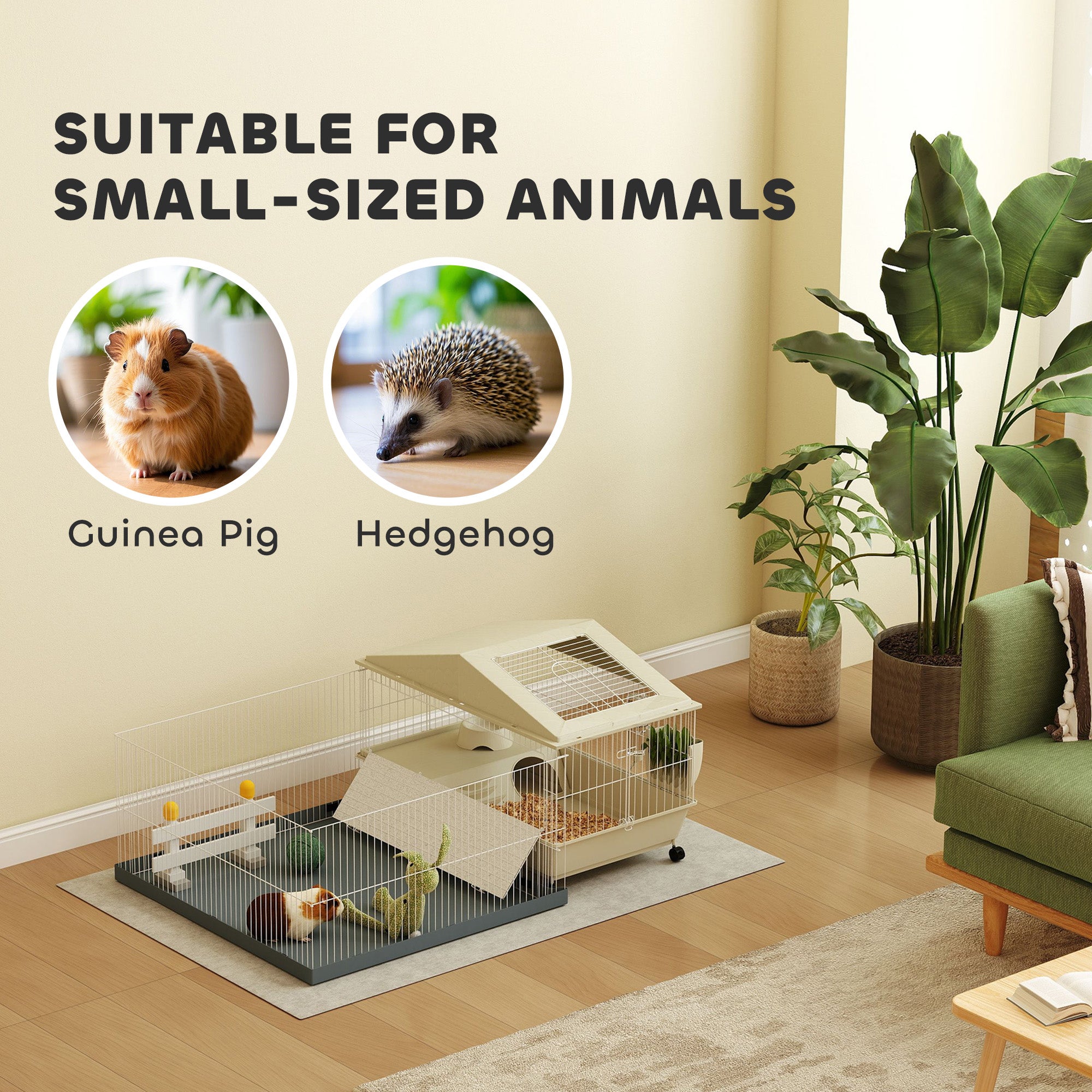 Small Animal Cage with Removable Pet Playpen, Guinea Pig Cage with Waterproof Pad, Hay Feeder, 108 x 71 x 57cm, Beige