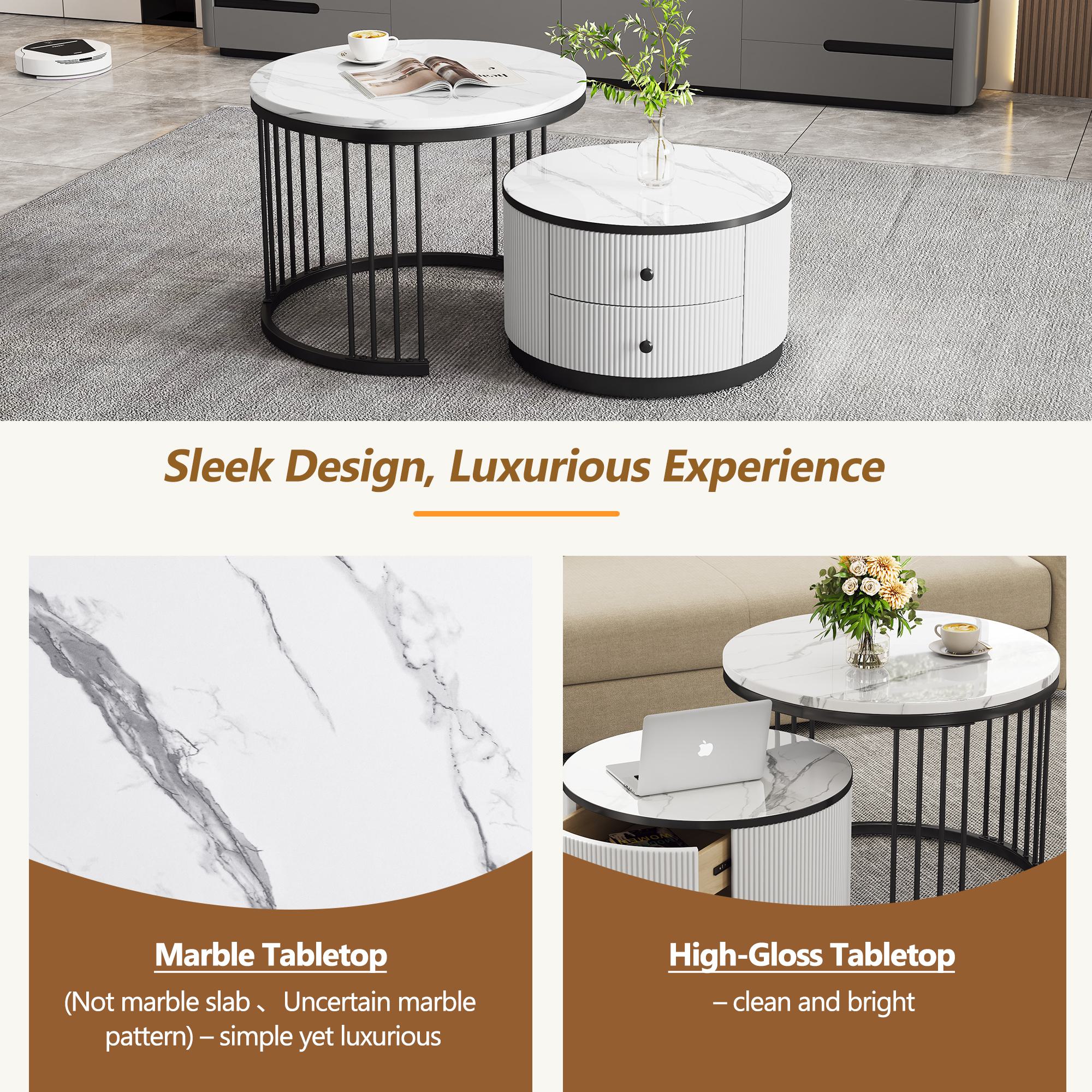 High Gloss Round Nesting Coffee Table Set with Marble Pattern Top and Storage Drawers, Modern Centre Table for Living Room, White+Black