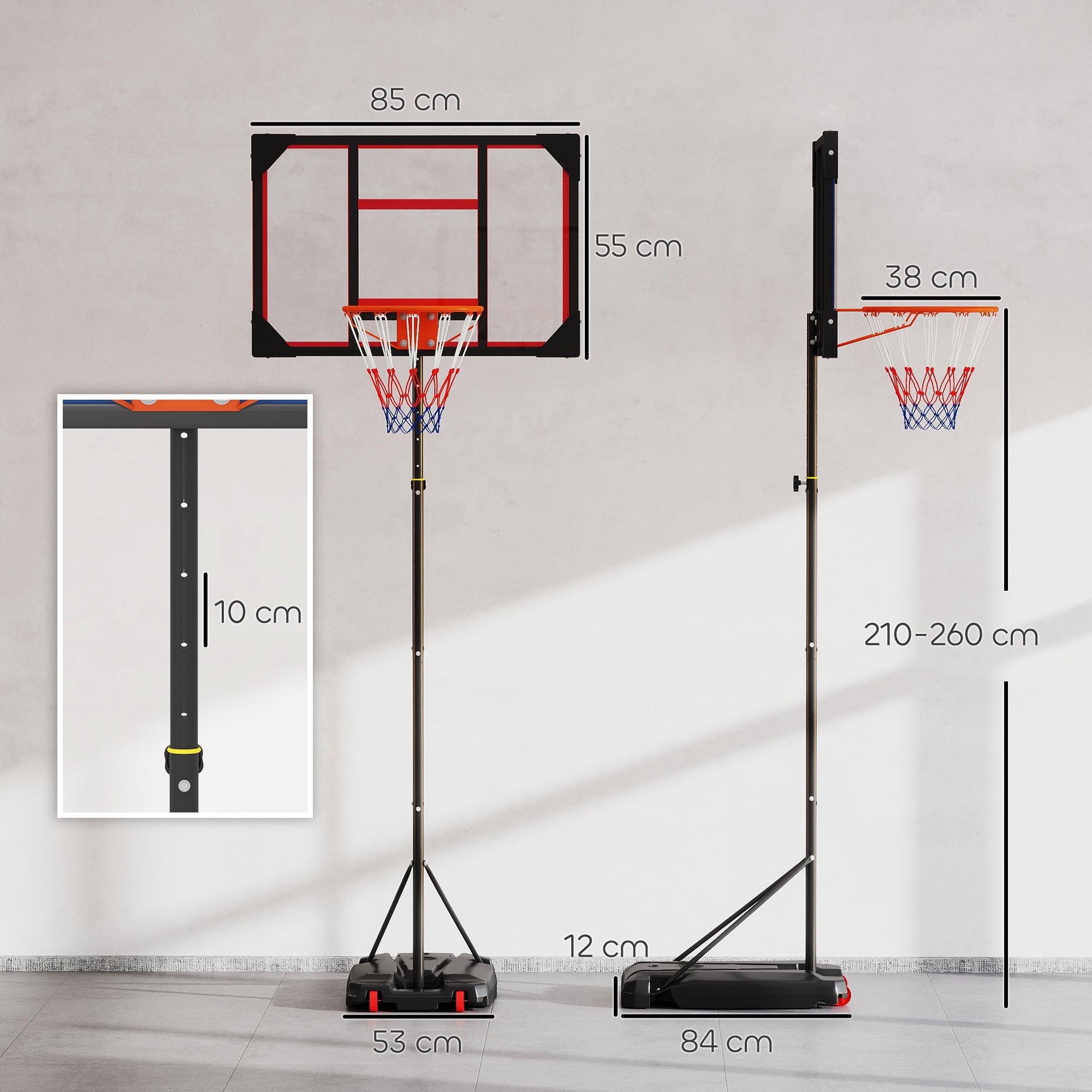 Basketball Hoop Outdoor Indoor, 210-260cm Height Adjustable Basketball Hoop with Wheels, Larger Base, for 6+ Years, Red