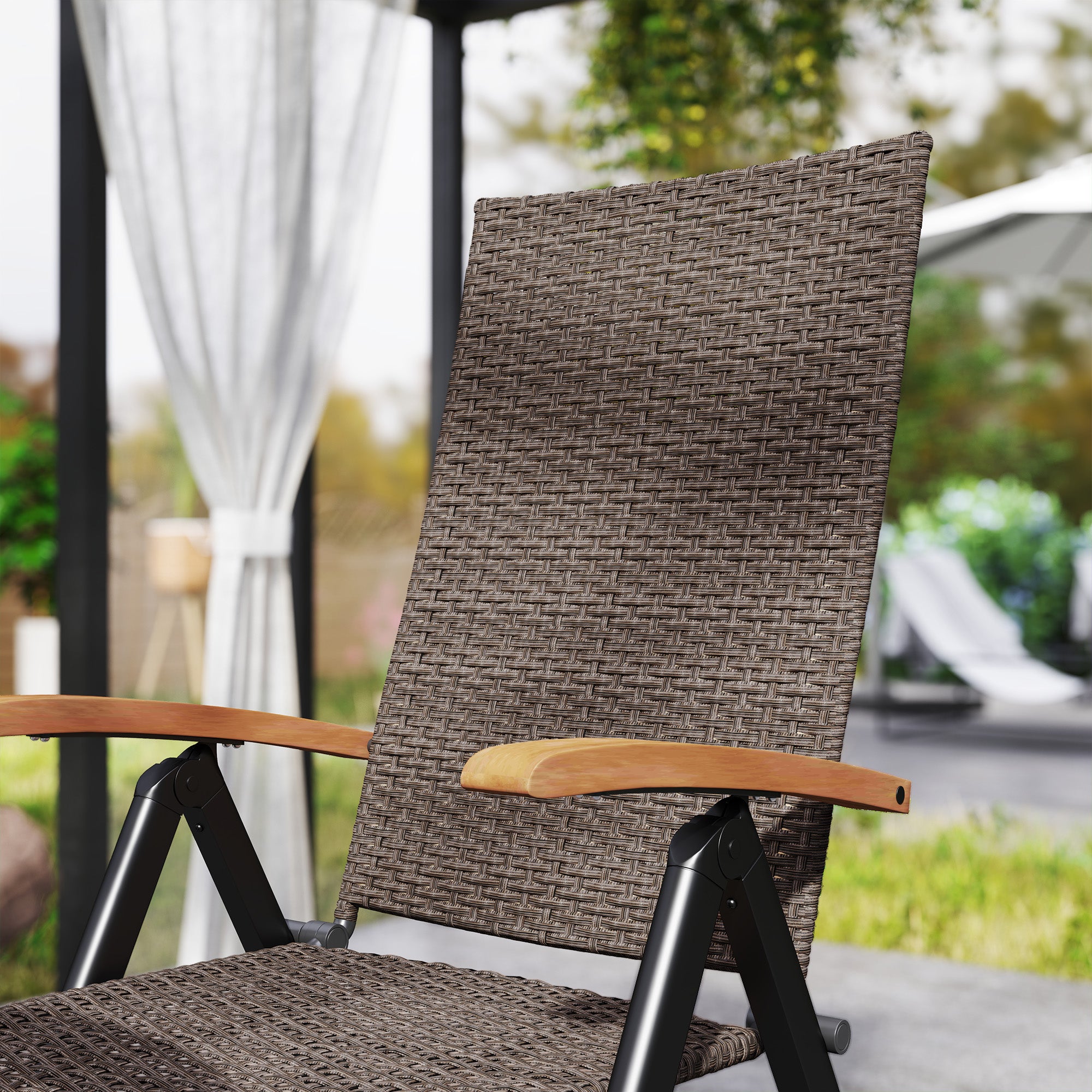 2 Pieces Outdoor Foldable Dining Chair with Armrests, High Backrest, for Garden, Camping, Balcony, Brown