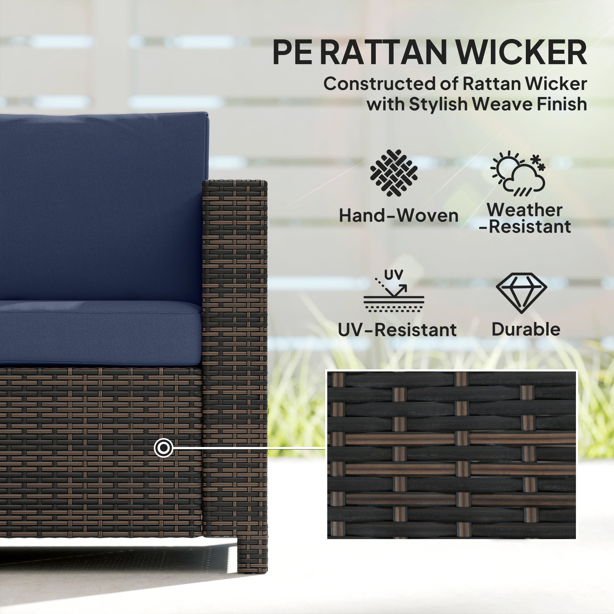 3 Seater Rattan Sofa All-Weather Wicker Weave Metal Frame Chair with Fire Resistant Cushio-Dark Blue