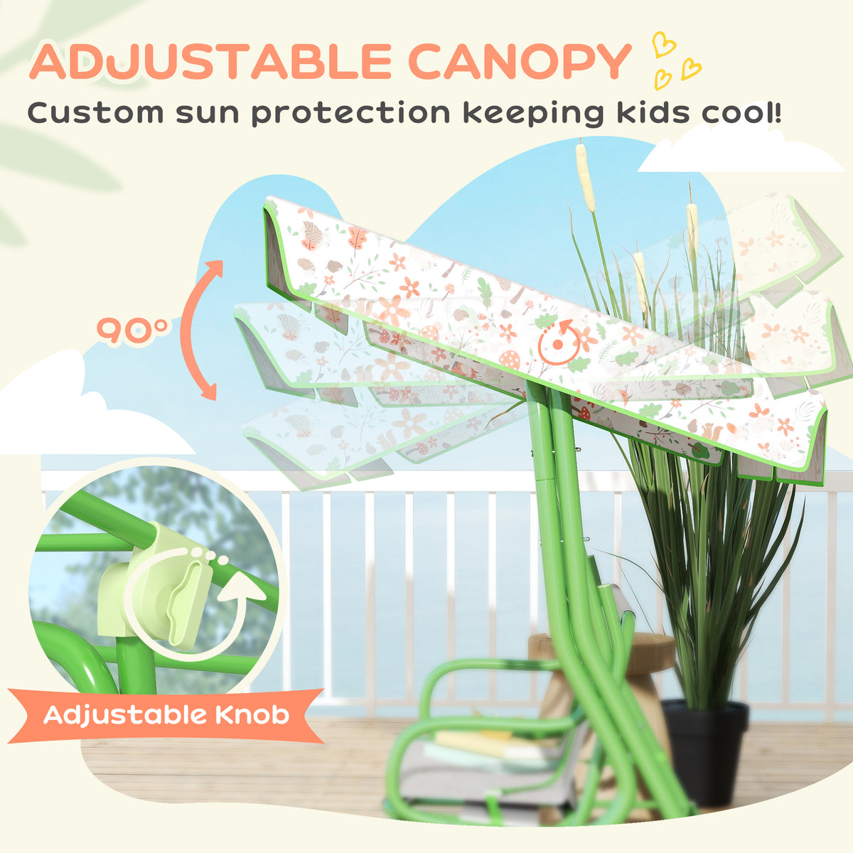 2 Seater Kids Garden Swing Bench with Adjustable Canopy - Green