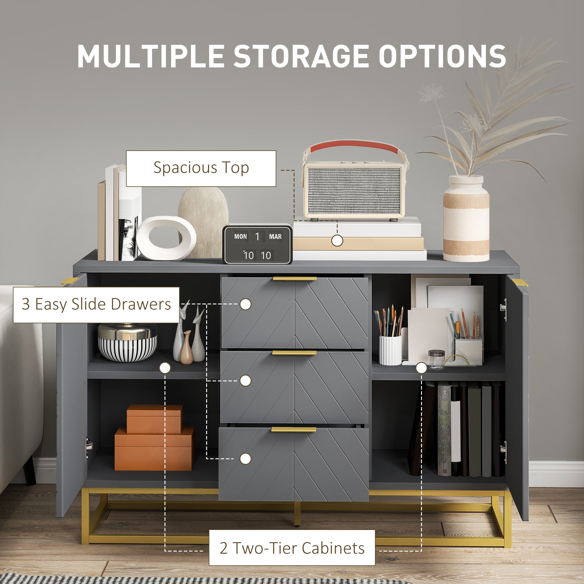 Sideboard with 3 Drawers and Adjustable Shelves for Living Room - Grey