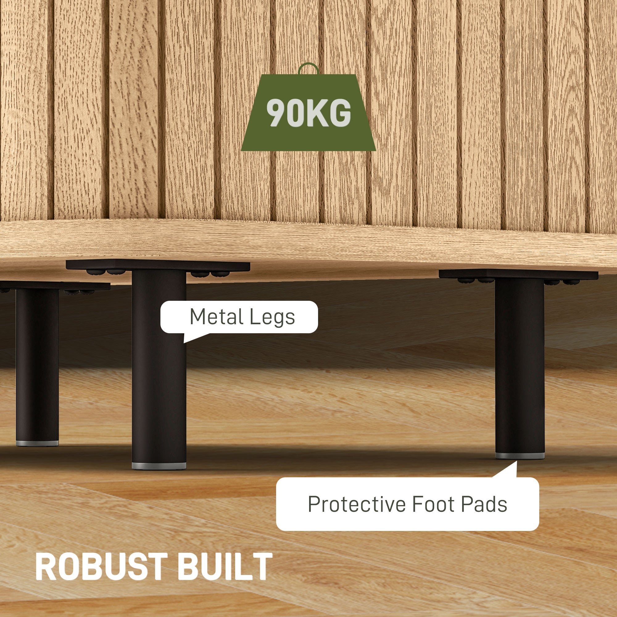 Bedside Table, Nordic Side Table with Roller Shutter Style Sliding Doors and Metal Legs for Bedroom, Living Room, Oak Tone