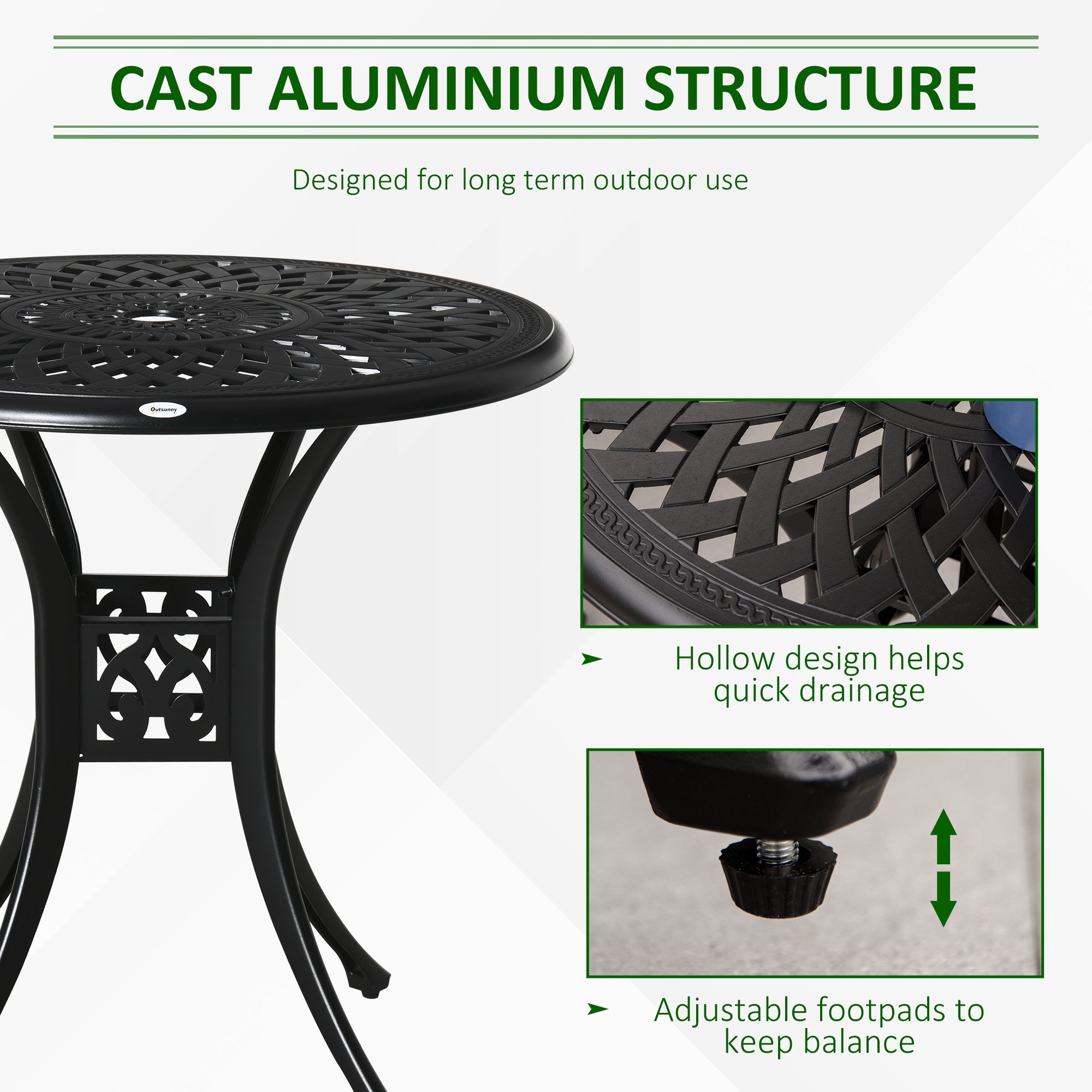 78cm Round Garden Dining Table with Parasol Hole Antique Cast Aluminium Outdoor Table Only, Black