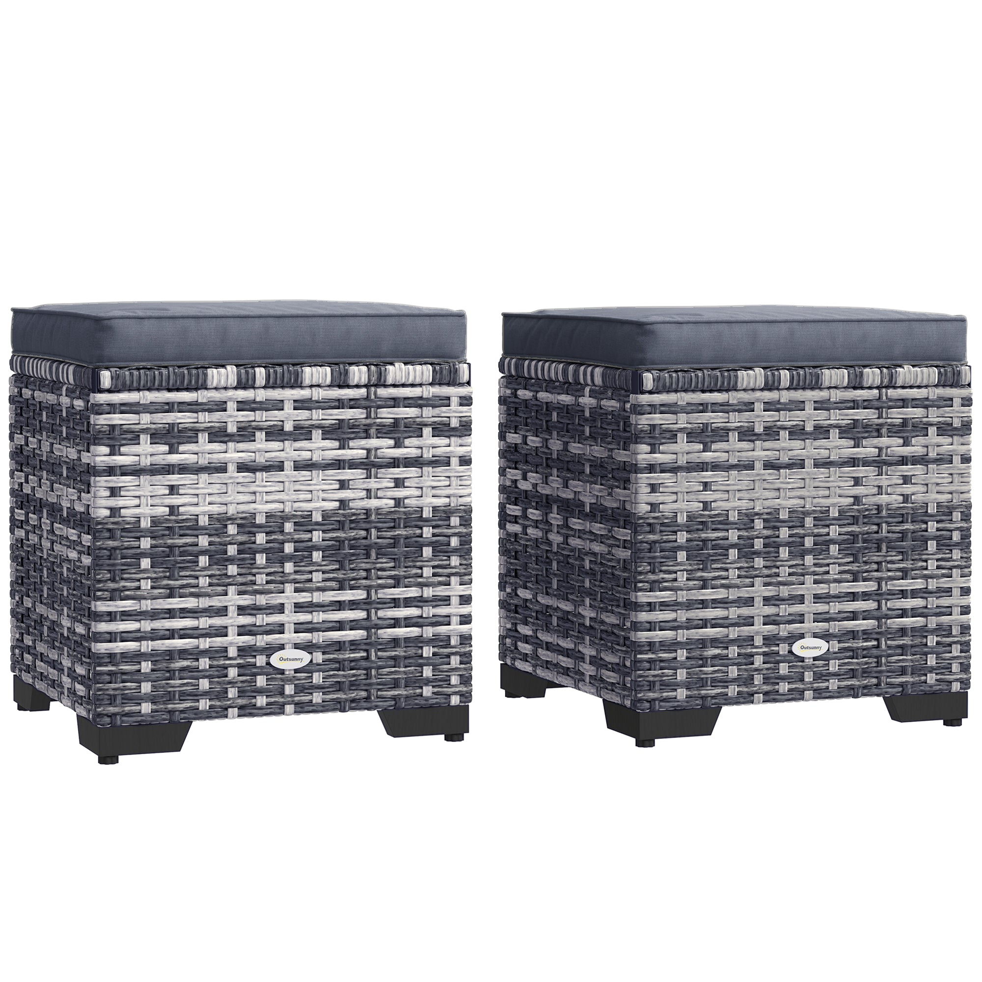 Set of 2 Rattan Storage Ottomans with Removable Cushions - Dark Grey