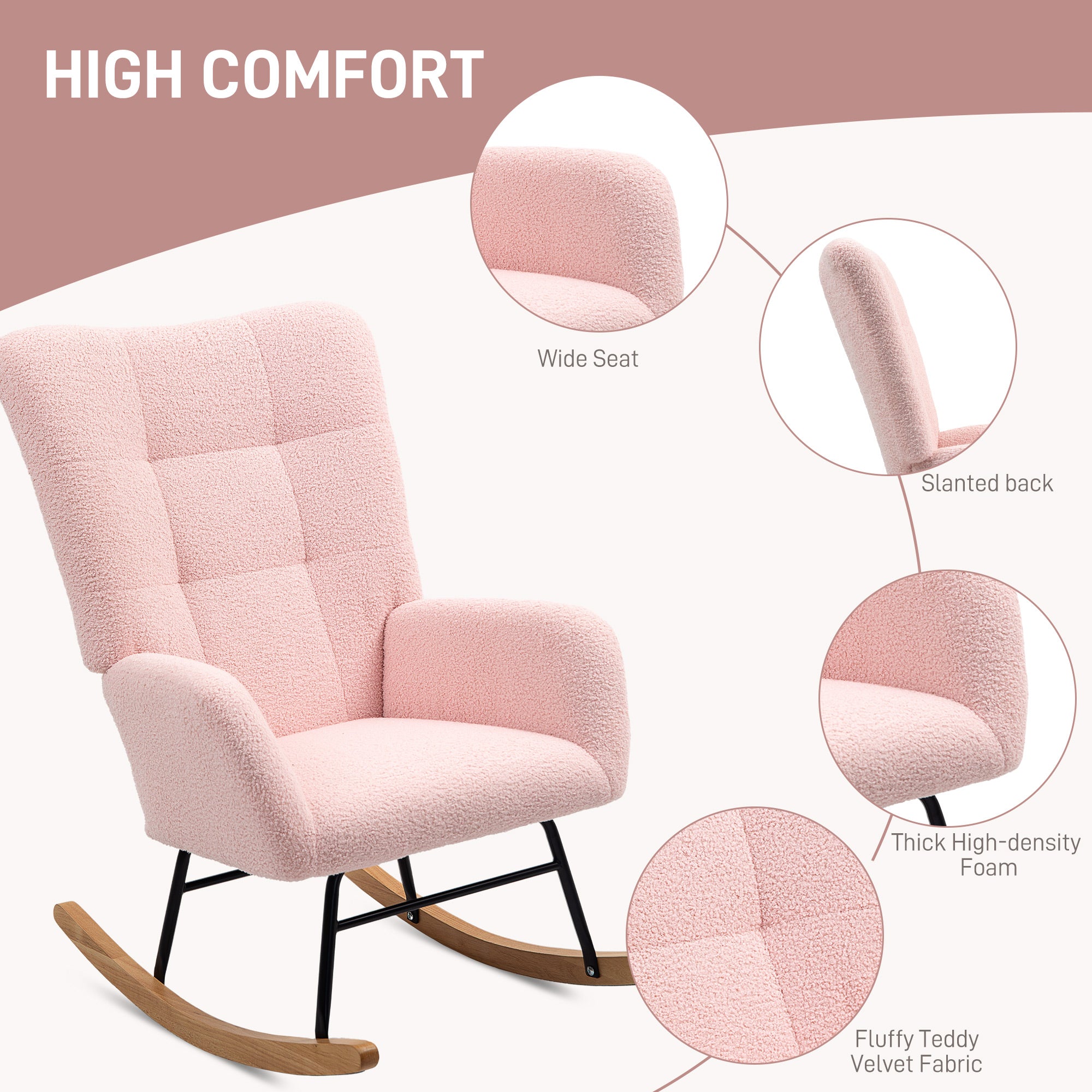 Teddy Fleece Rocking Chair with Cushioned Seat and Back Support - Pink