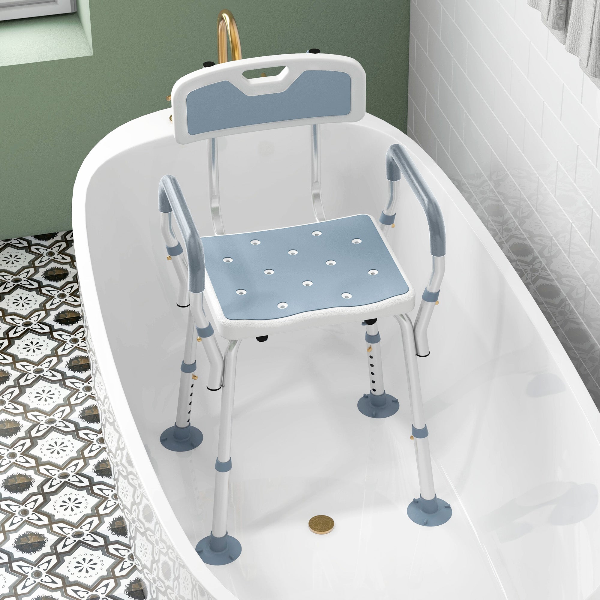 EVA Padded Shower Chair for the Elderly and Disabled, Height Adjustable Shower Stool with Back and Arms, 4 Suction Foot Pads, Light Blue