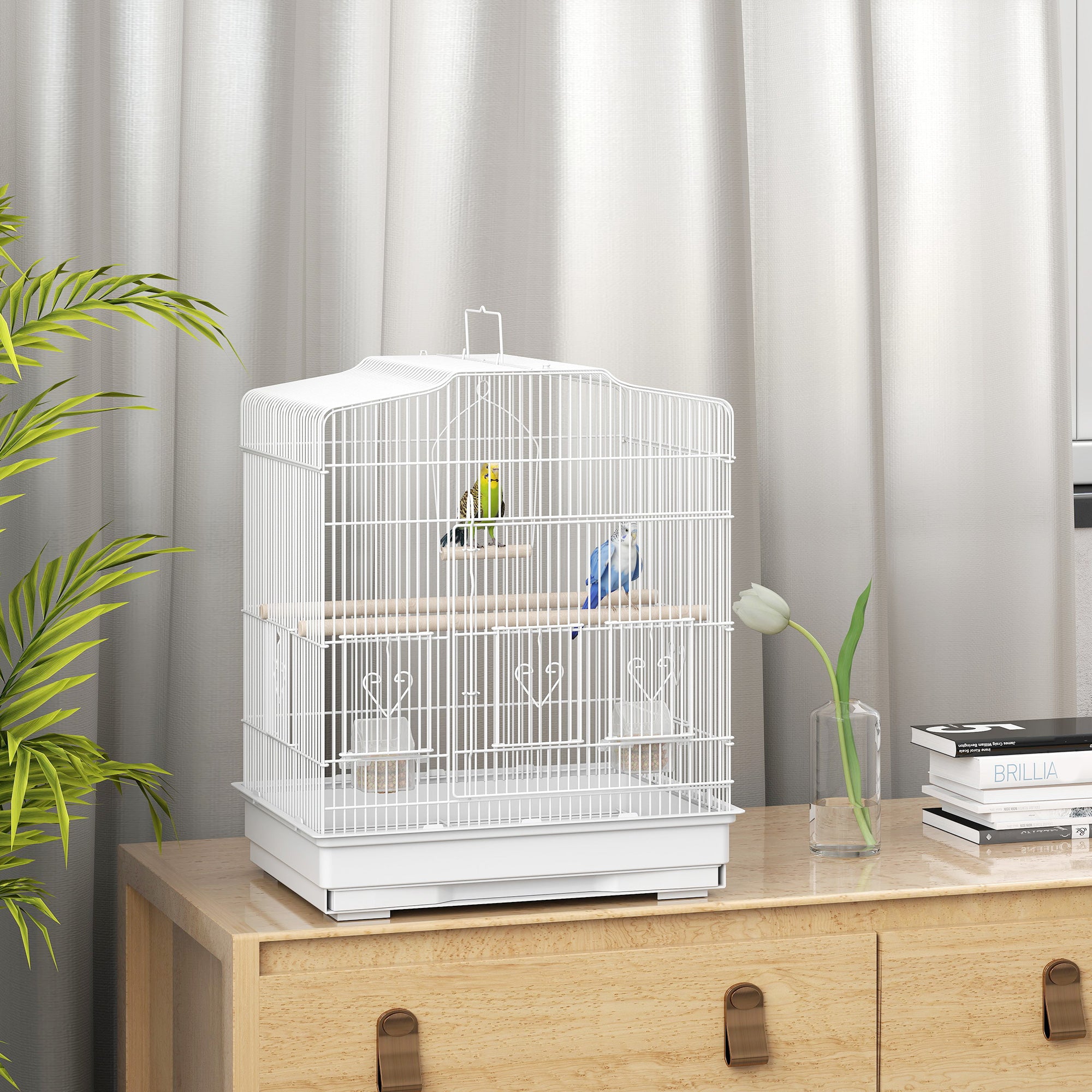 Large Metal Bird Cage with Perches, Food Bowls, Swing, for Budgies, Parakeets, White