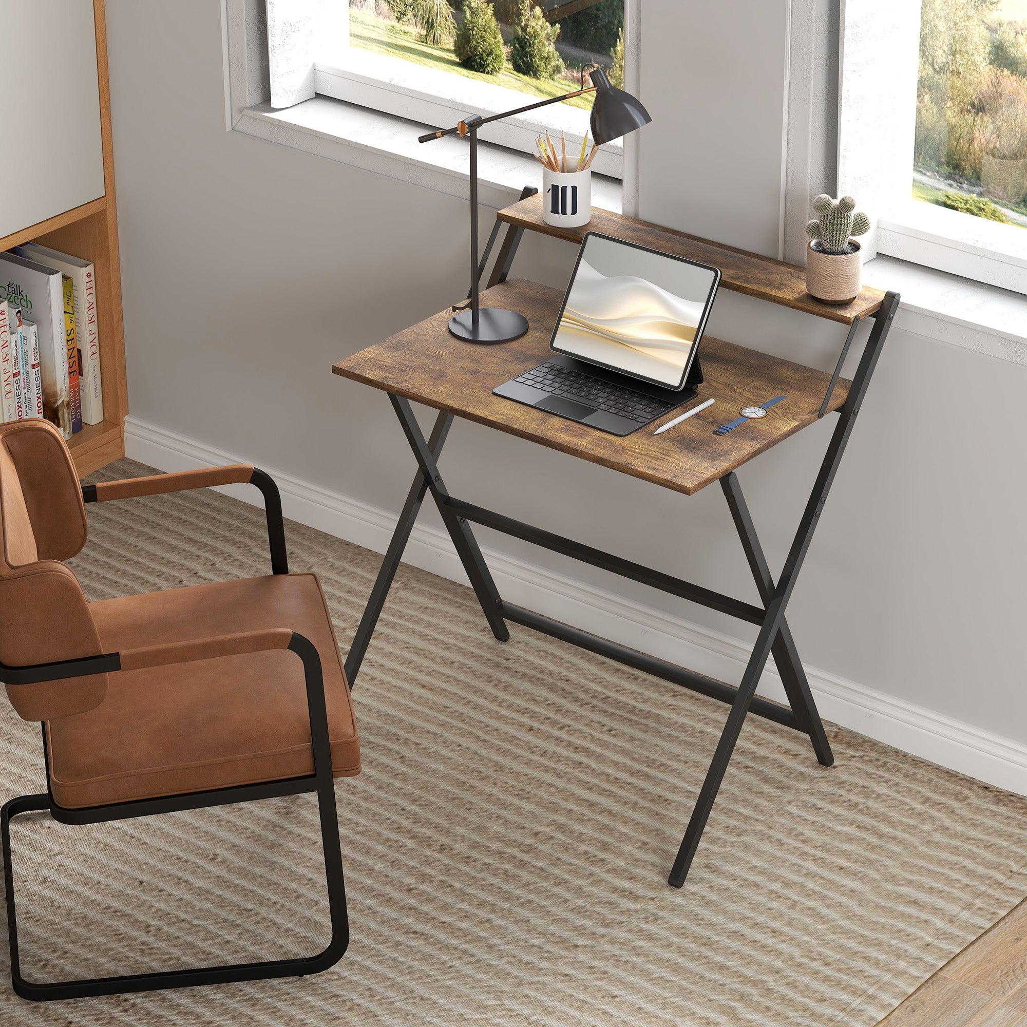 81.5 cm Folding Computer Desk with Monitor Shelf - Rustic Brown