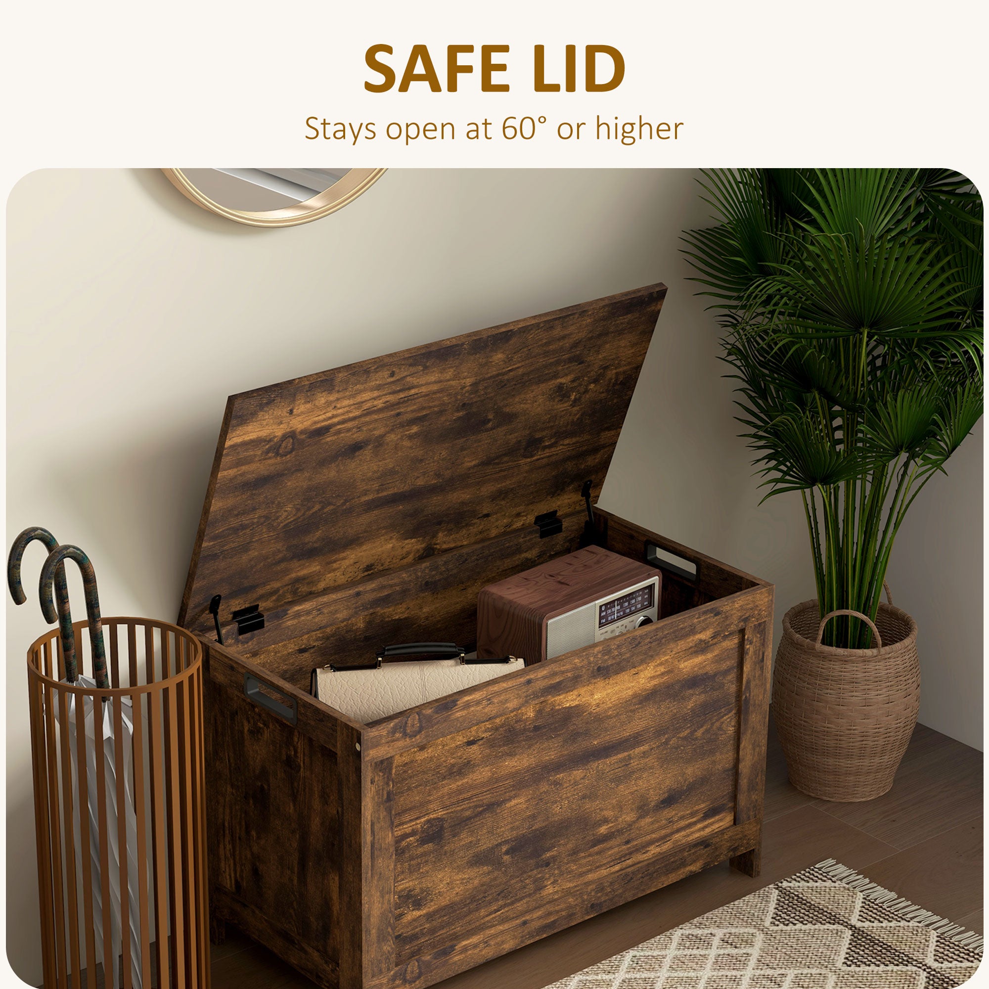 Storage Chest, Modern Storage Trunk with 2 Safety Hinges and Cut-out Handles, Wooden Toy Box for Living Room, Entryway, 76 x 40 x 48 cm, Rustic Brown