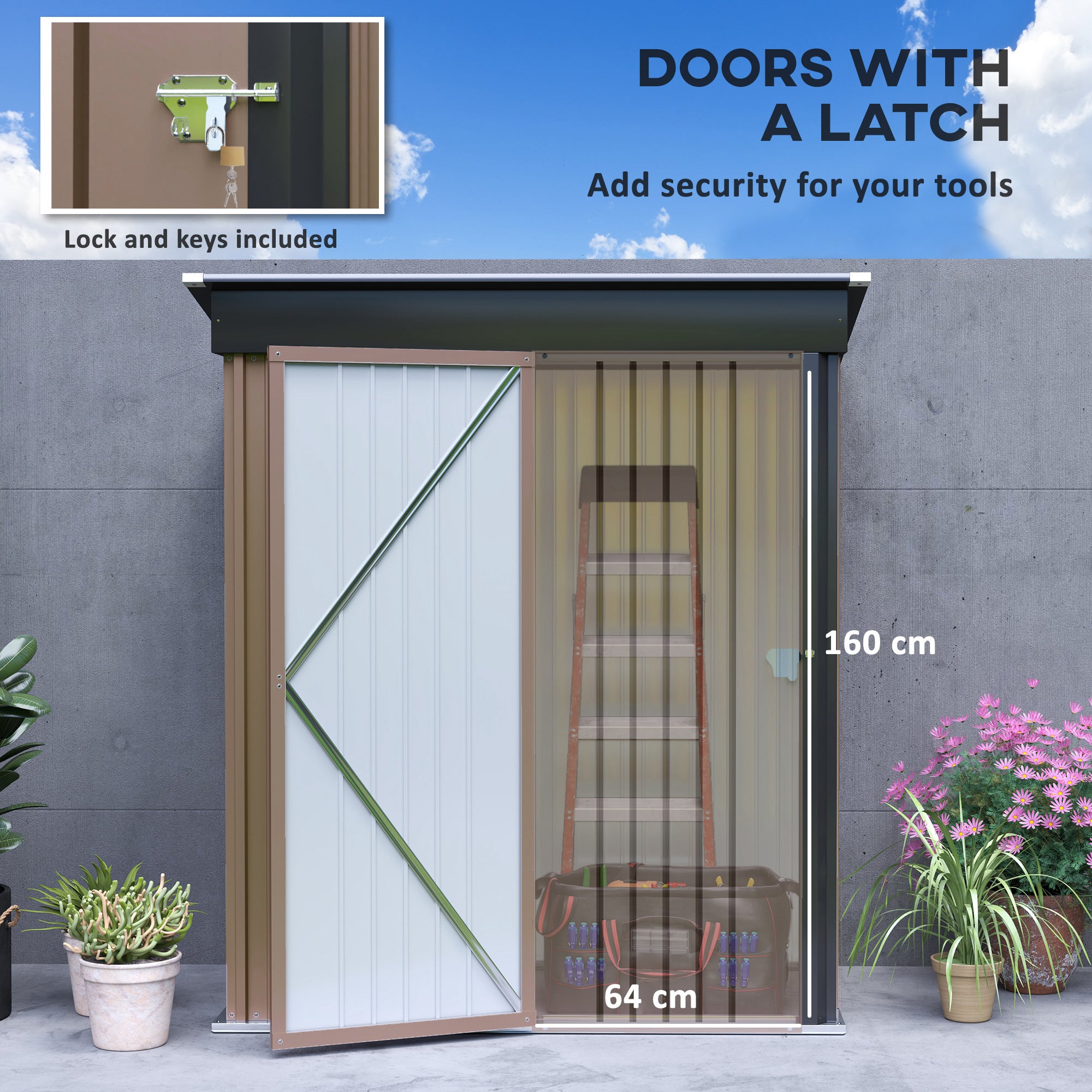 5x3ft Corrugated Steel Storage Shed with Lock - Brown